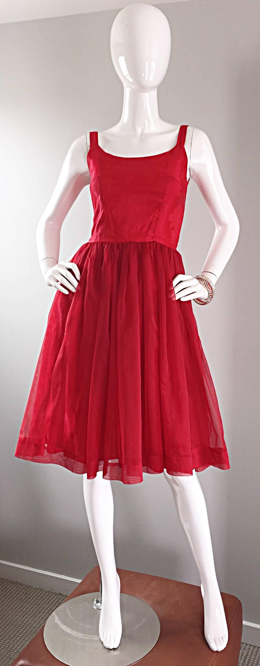 Gorgeous 1950s 50s Lipstick Red Demi Couture Silk Brocade Cocktail Dress 4