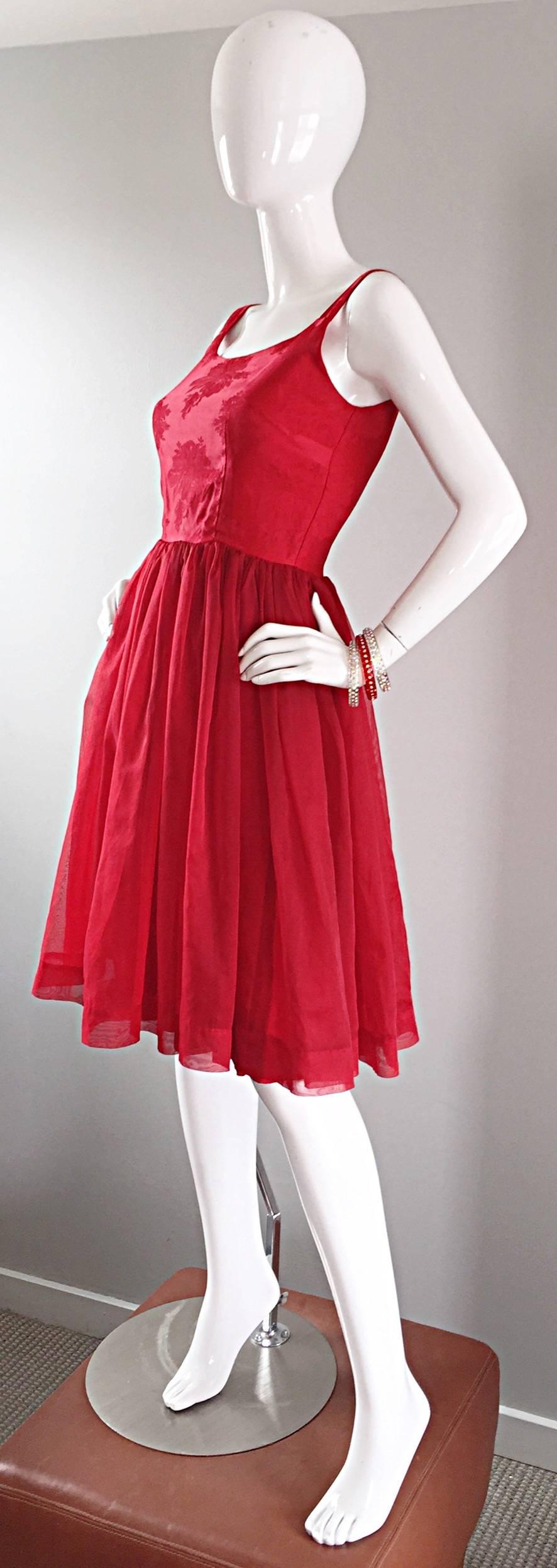 Gorgeous 1950s 50s Lipstick Red Demi Couture Silk Brocade Cocktail Dress 2