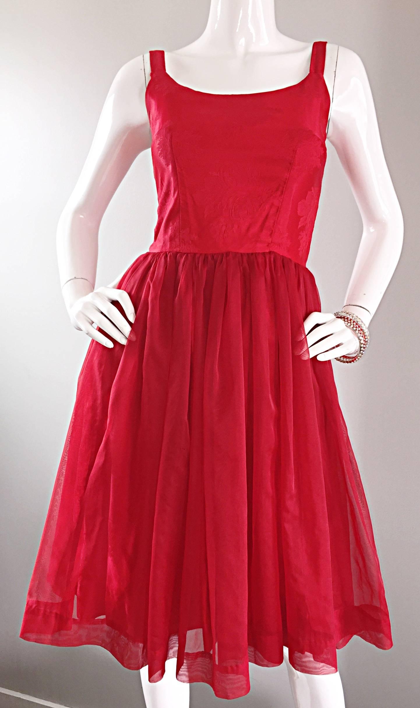 Women's Gorgeous 1950s 50s Lipstick Red Demi Couture Silk Brocade Cocktail Dress