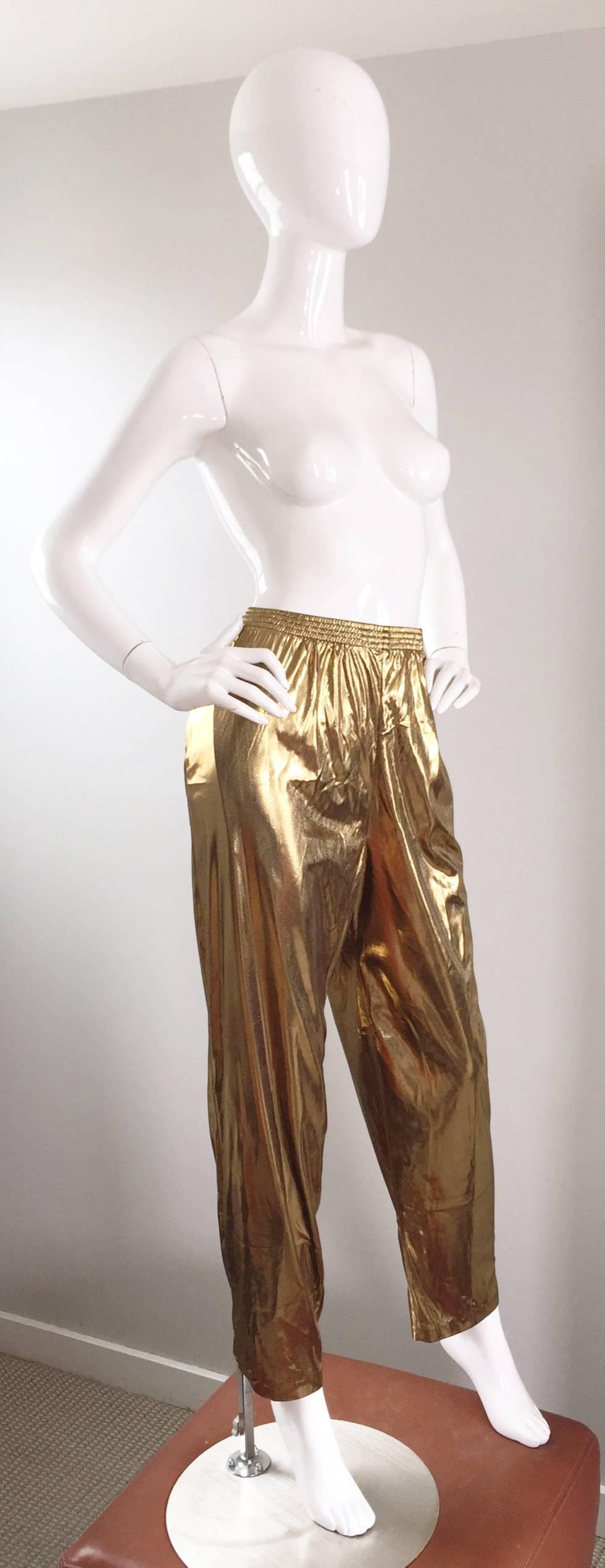 Brown Awesome 1980s Gold Lame Vintage 80s Metallic Trousers / Pants Deadstock