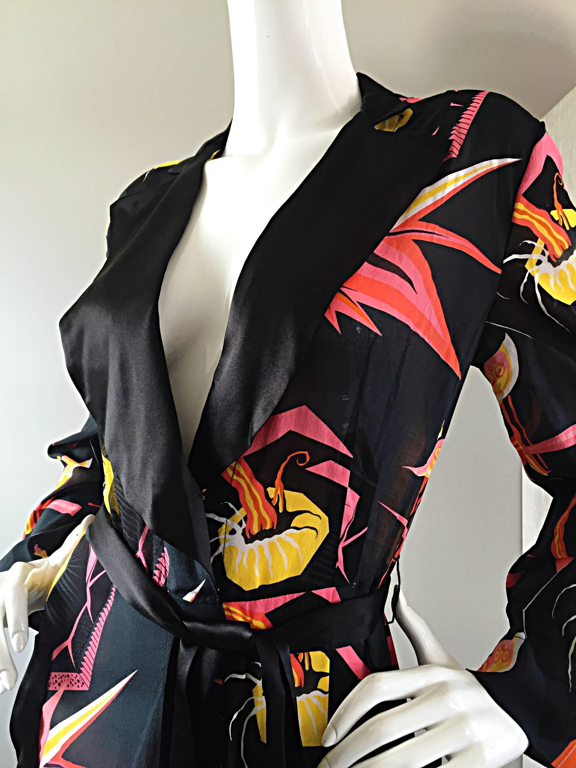 Women's Agent Provocateur Black Japanese Style Dressing Gown Dress Silk Kimono Robe