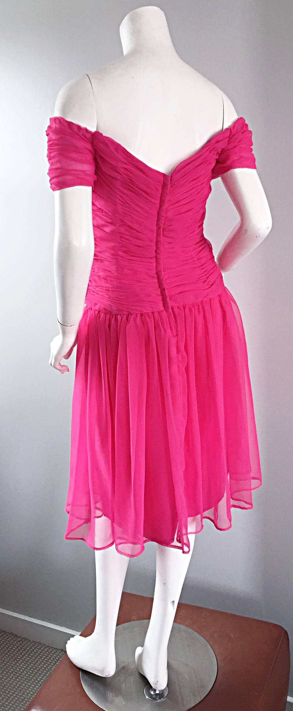Victor Costa 80s Bergdorf Goodman Vintage Hot Pink Chiffon Off - Shoulder Dress For Sale 1