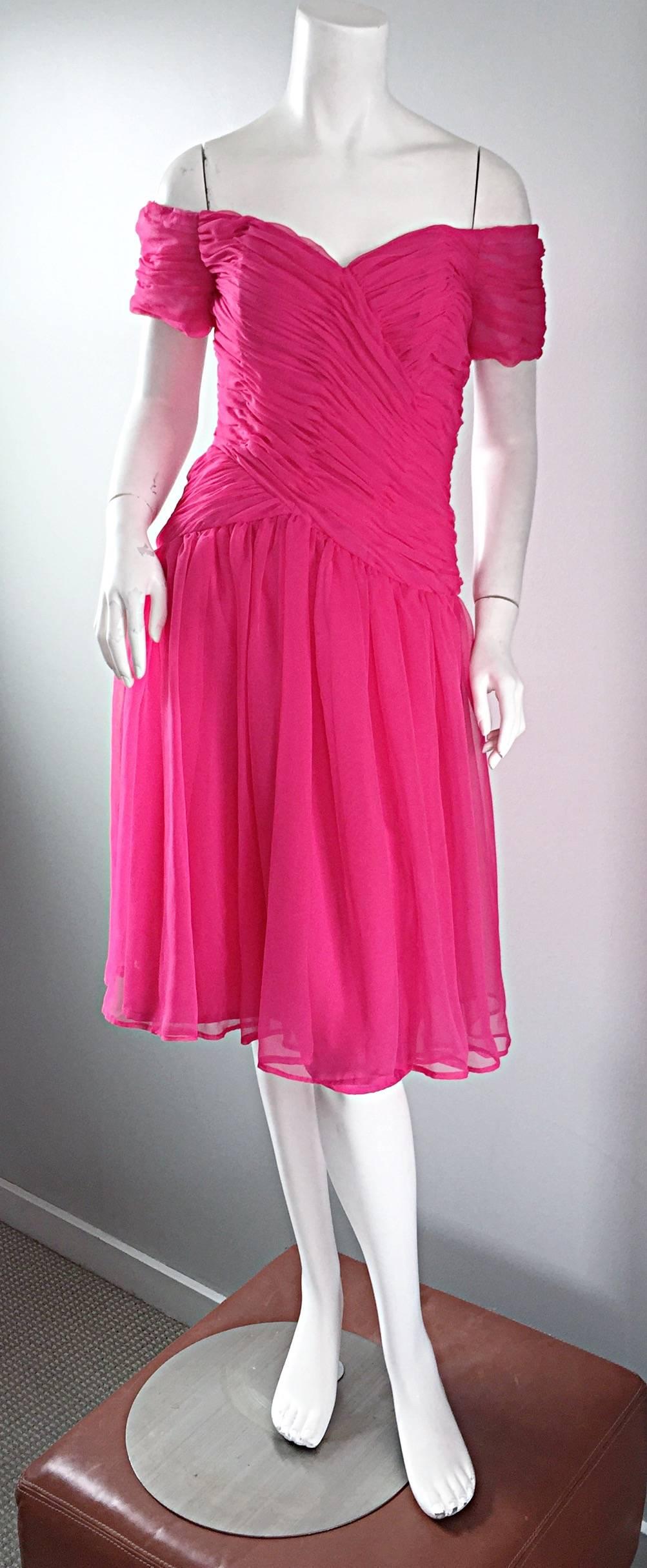 Victor Costa 80s Bergdorf Goodman Vintage Hot Pink Chiffon Off - Shoulder Dress For Sale 2