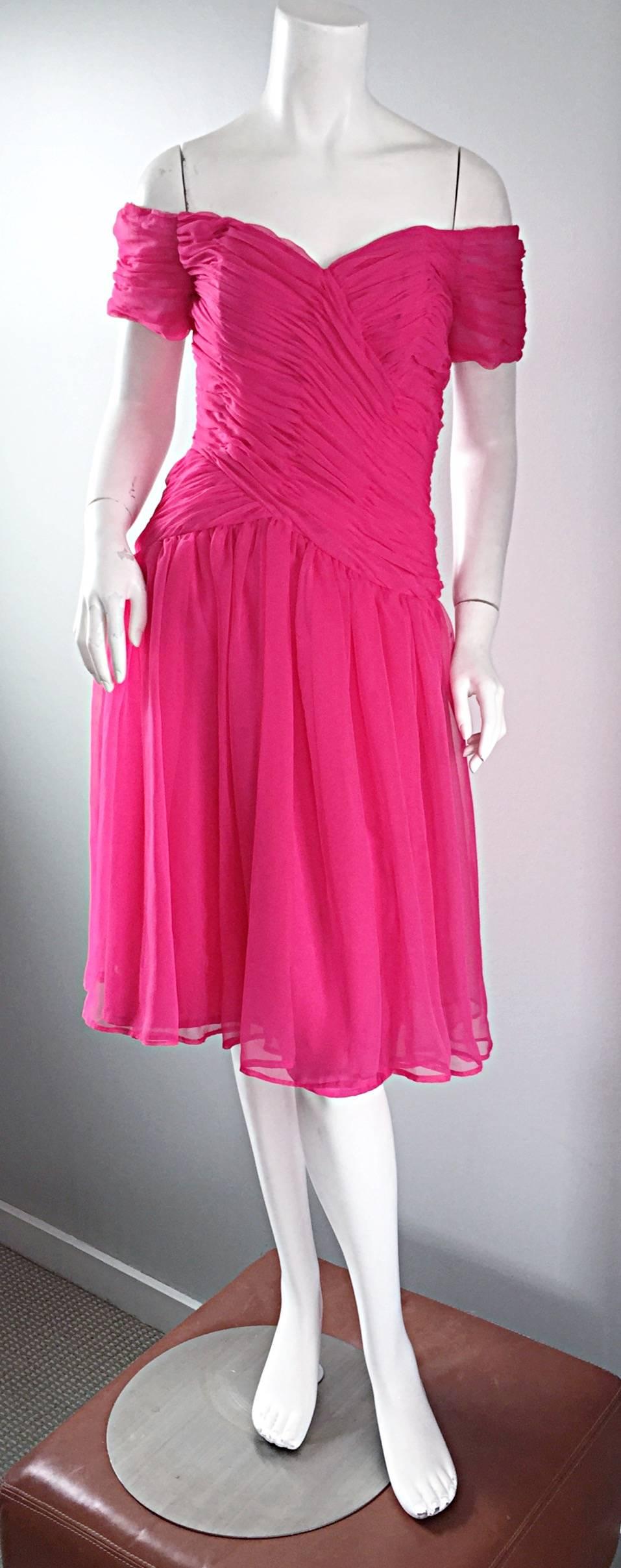 Sexy vintage late 1980s VICTOR COSTA for BERGDORF GOODMAN hot pink fuchsia chiffon off-the-shoulder ruched dress! Flattering fitted ruched bodice on the front and back, with an attached full skirt. Full hidden zipper up the back with hook-and-eye