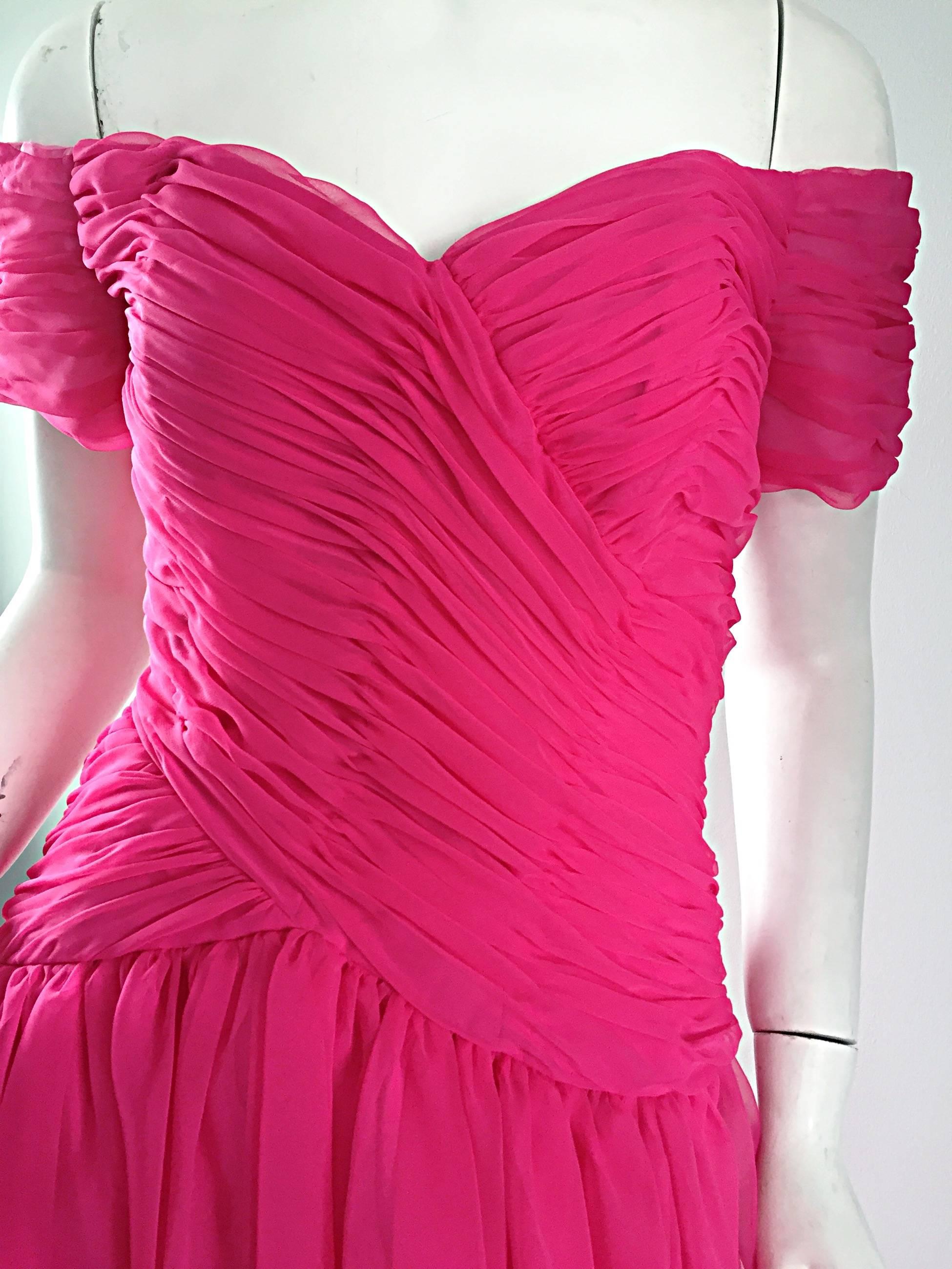 Women's Victor Costa 80s Bergdorf Goodman Vintage Hot Pink Chiffon Off - Shoulder Dress For Sale