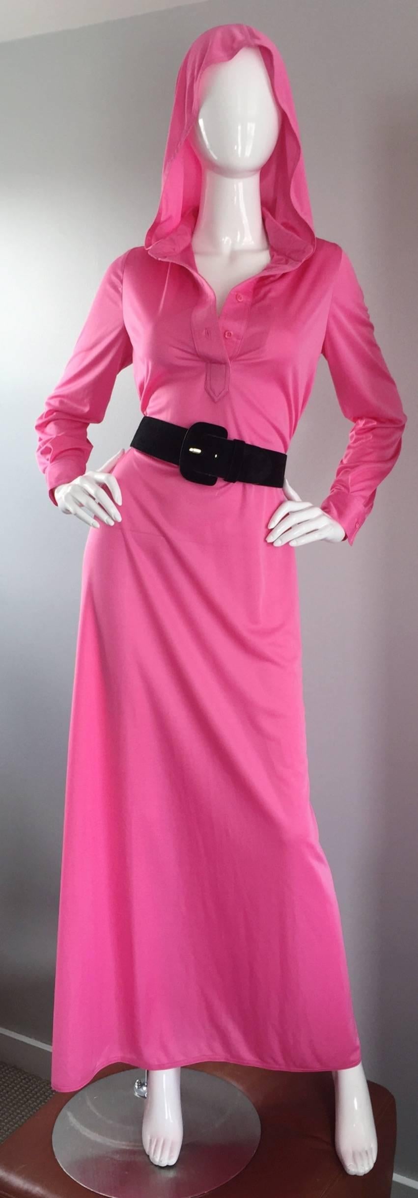 Geoffrey Beene Vintage Pink Hooded Caftan Long Sleeve Maxi Dress 1