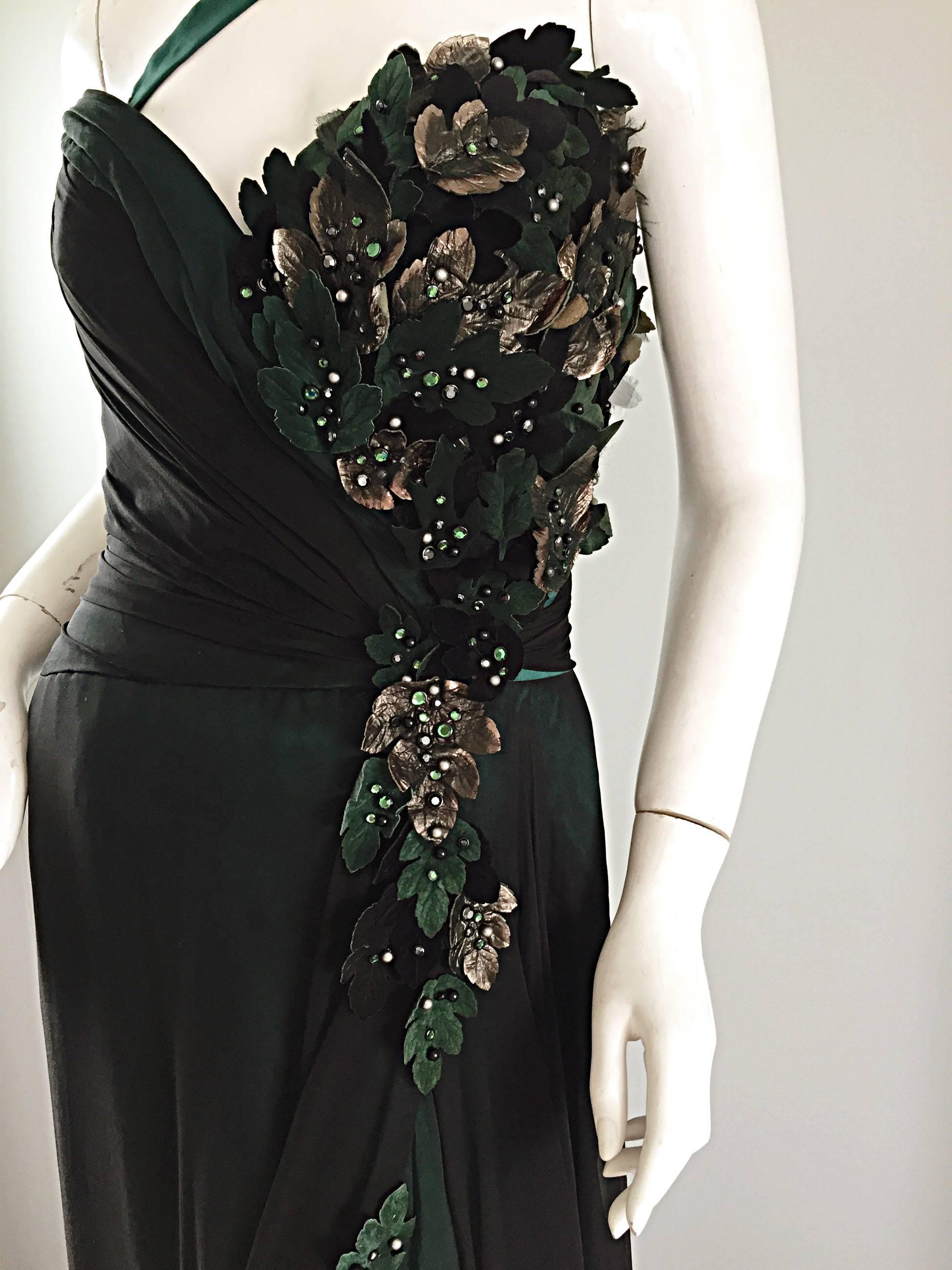 Quite possibly my favorite BOB MACKIE Couture dress EVER! I cannot even begin to describe this beauty! Beautiful emerald green silk with black silk chiffon overlay. Features a convertible strap that can be worn over one shoulder, or tucked in for a