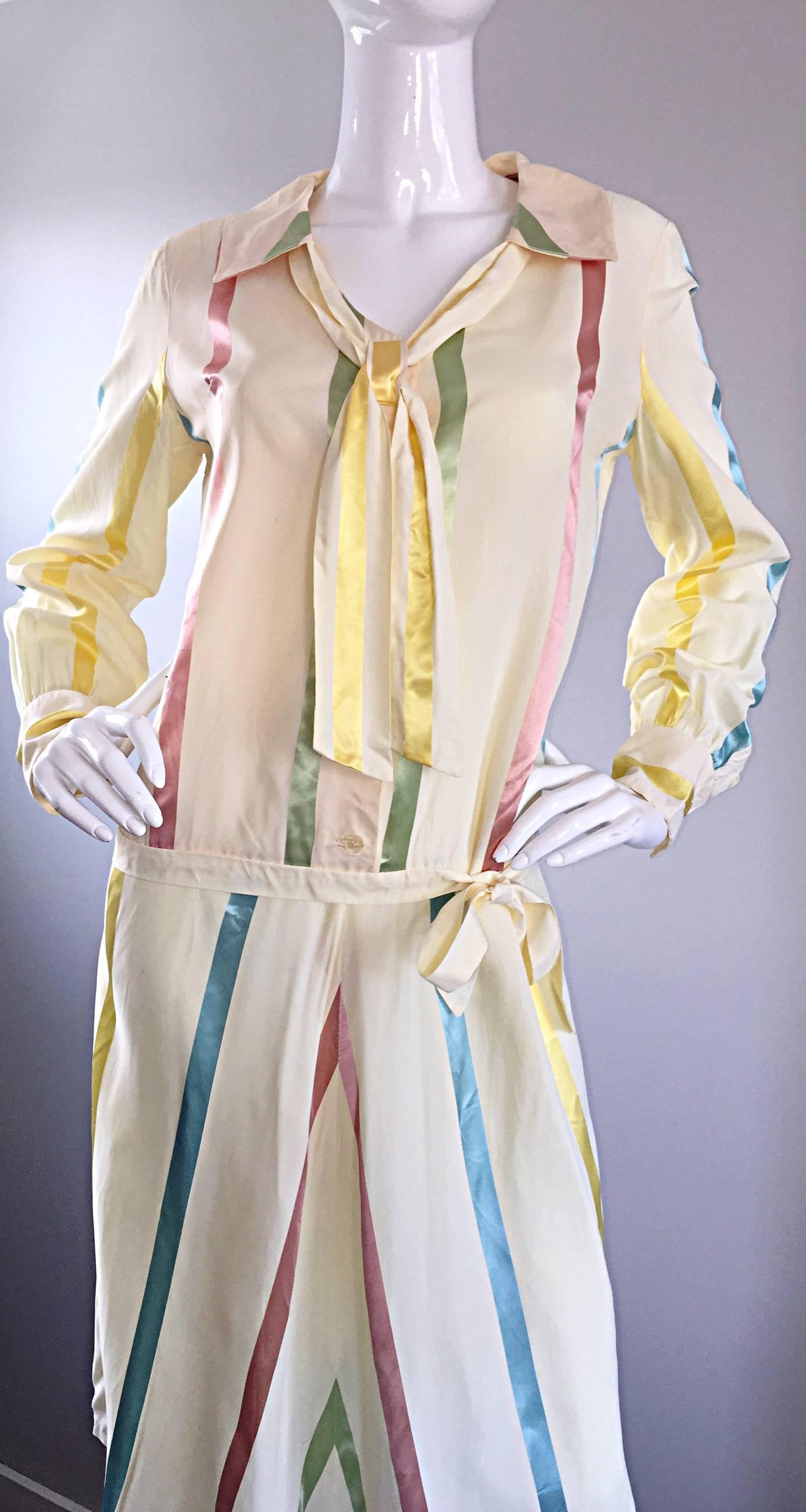 Beige 1920s Ivory ' Candy Stripe ' Silk Drop Waist Vintage 20s Day Dress For Sale