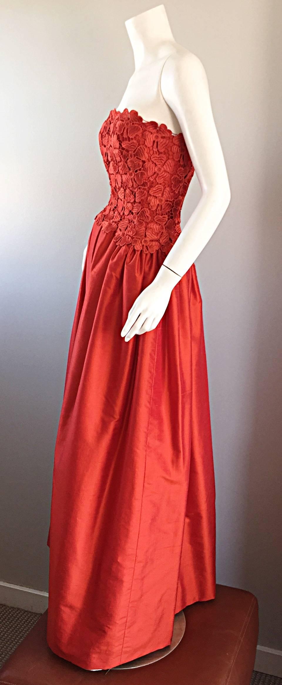 Werle of Beverly Hills Couture Red Strapless Silk Shantung Crochet Gown, 1950s  In Excellent Condition In San Diego, CA