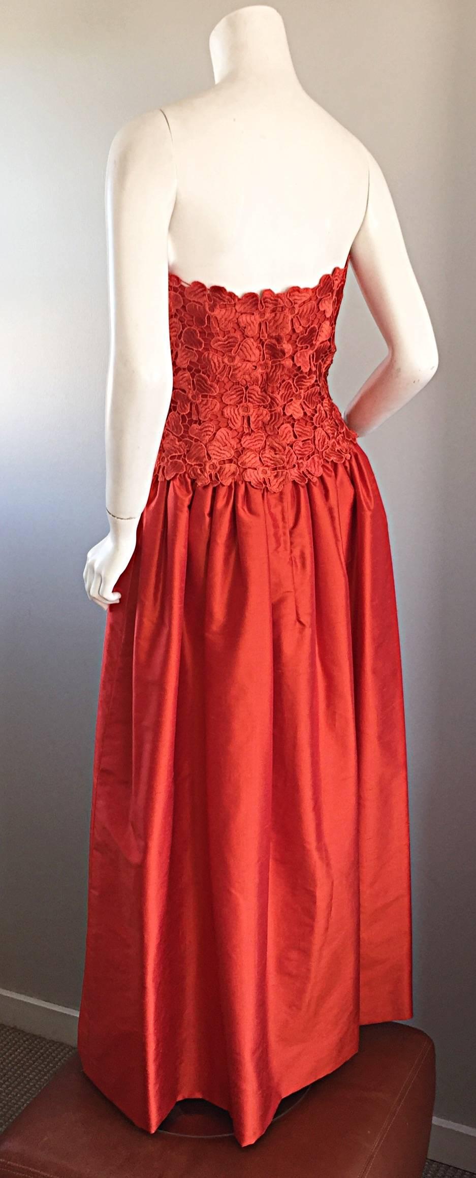 Women's Werle of Beverly Hills Couture Red Strapless Silk Shantung Crochet Gown, 1950s 