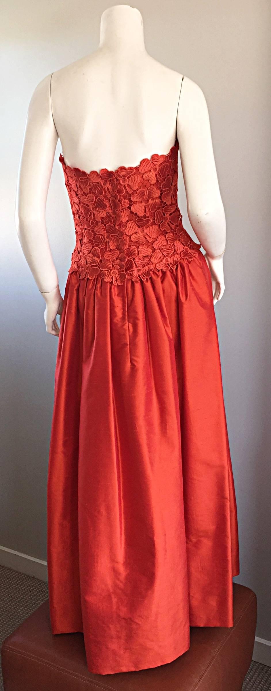 Werle of Beverly Hills Couture Red Strapless Silk Shantung Crochet Gown, 1950s  1