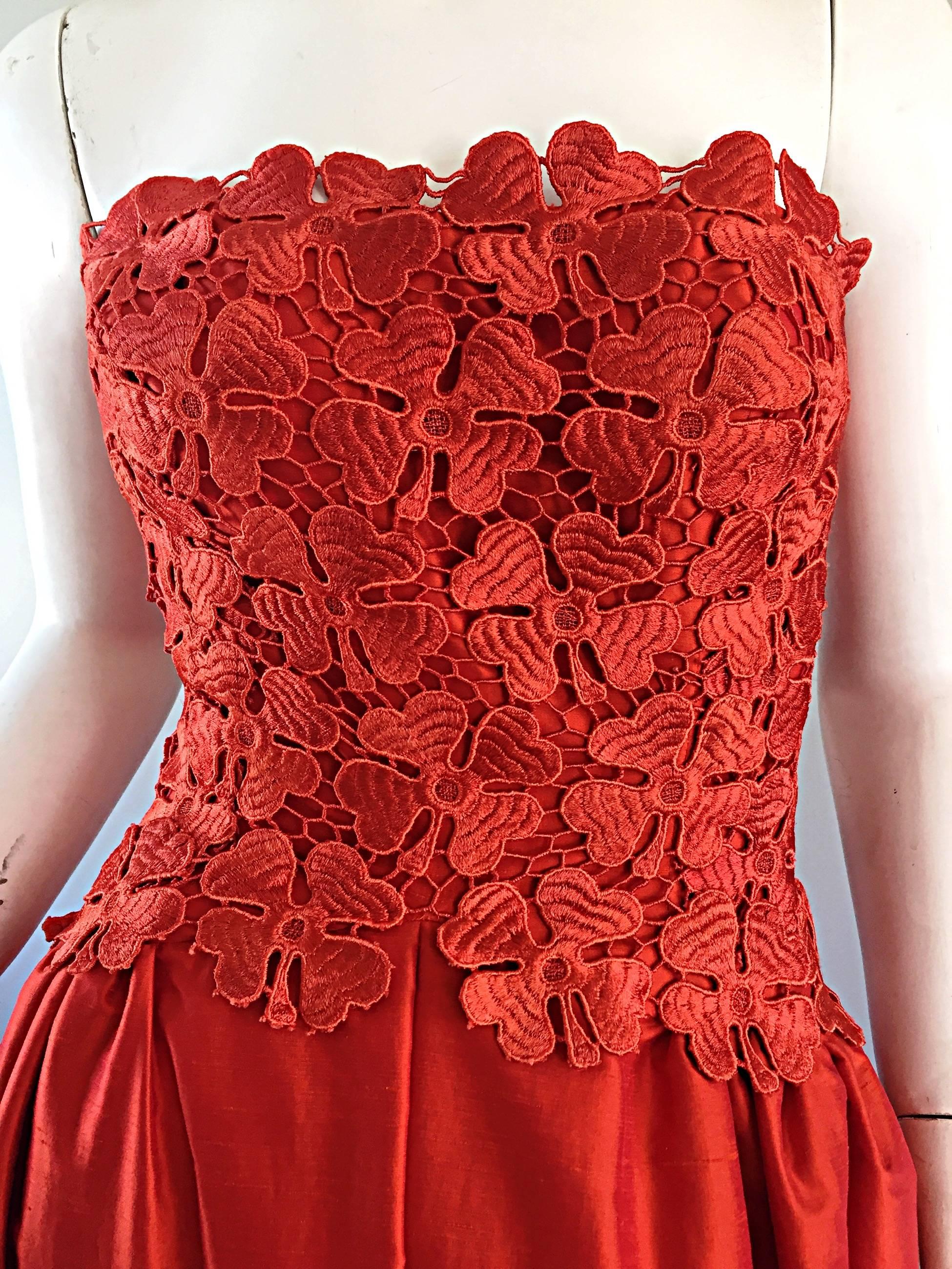 Werle of Beverly Hills Couture Red Strapless Silk Shantung Crochet Gown, 1950s  2