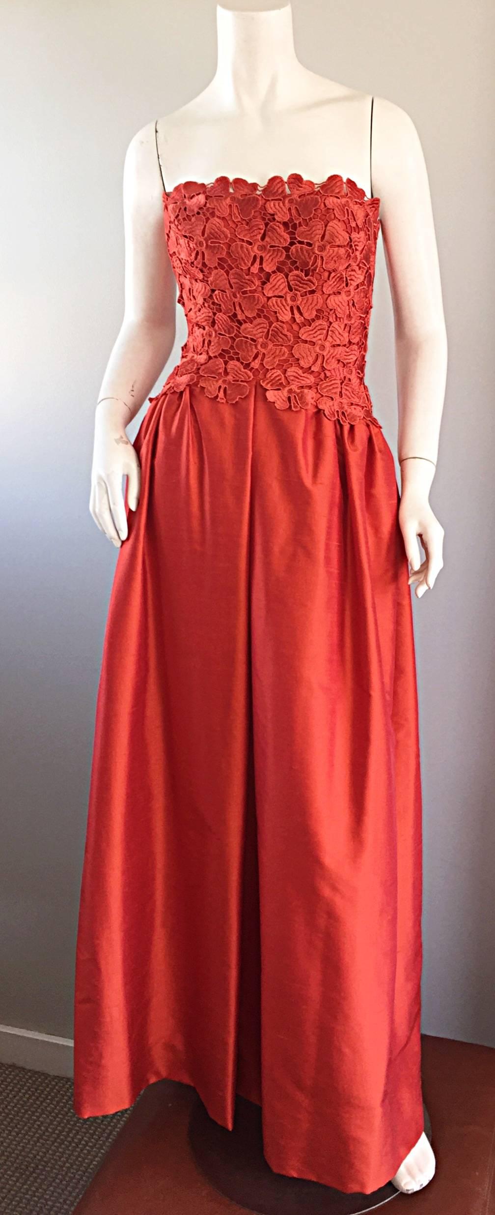 Werle of Beverly Hills Couture Red Strapless Silk Shantung Crochet Gown, 1950s  3