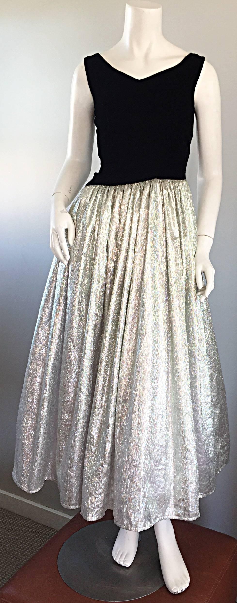 Gray Beautiful Vintage Black + Silver Iridescent Metallic Asymmetrical Evening Gown