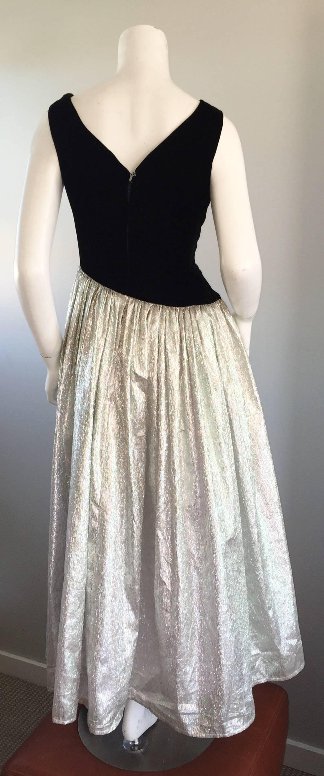 Beautiful Vintage Black + Silver Iridescent Metallic Asymmetrical Evening Gown In Excellent Condition In San Diego, CA