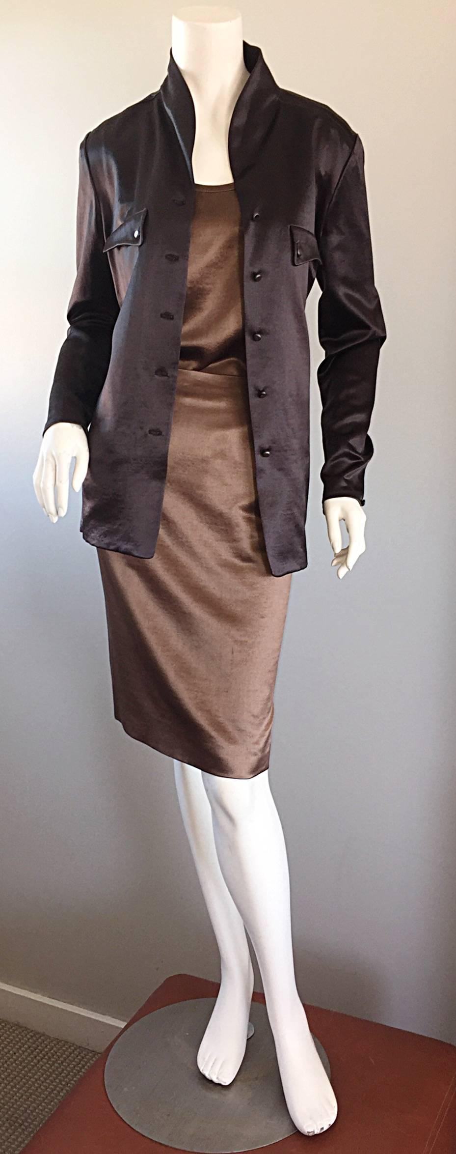 Geoffrey Beene Vintage 3 Piece Skirt + Blouse + Jacket Brown & Slate Gray Set 4