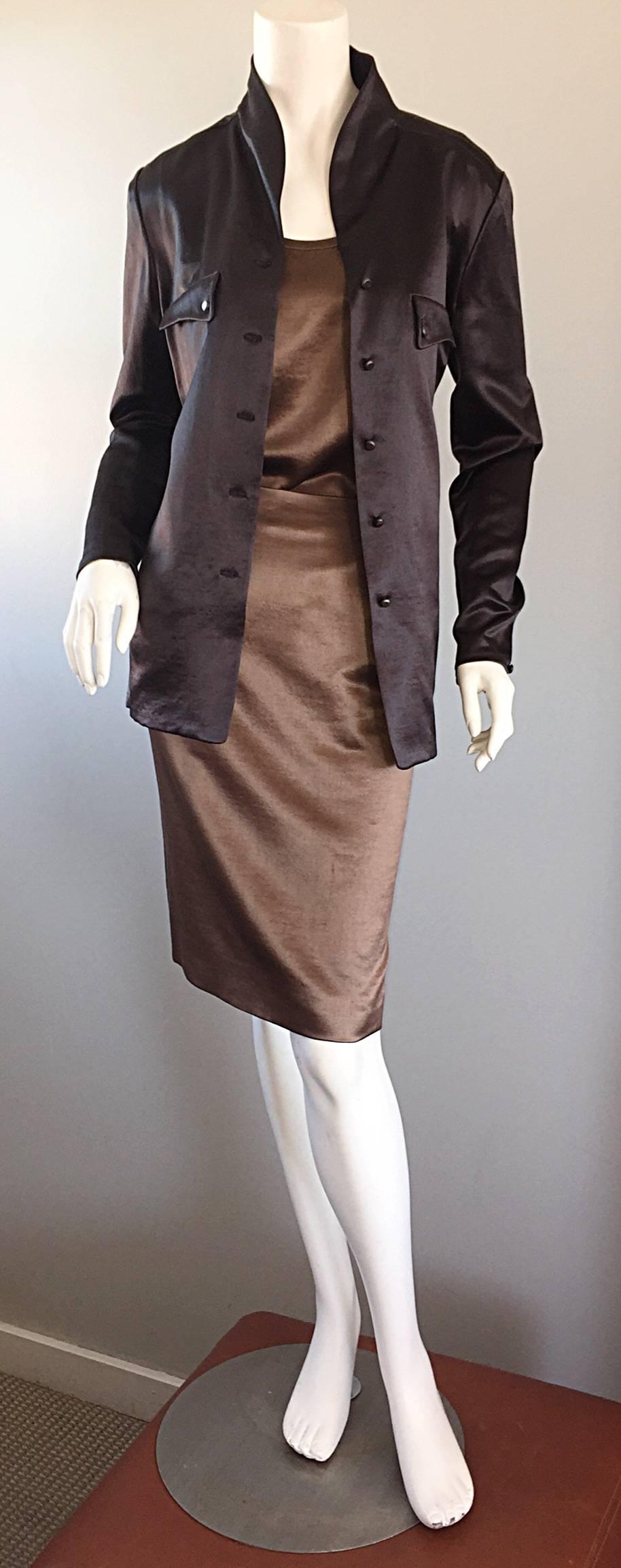 Black Geoffrey Beene Vintage 3 Piece Skirt + Blouse + Jacket Brown & Slate Gray Set