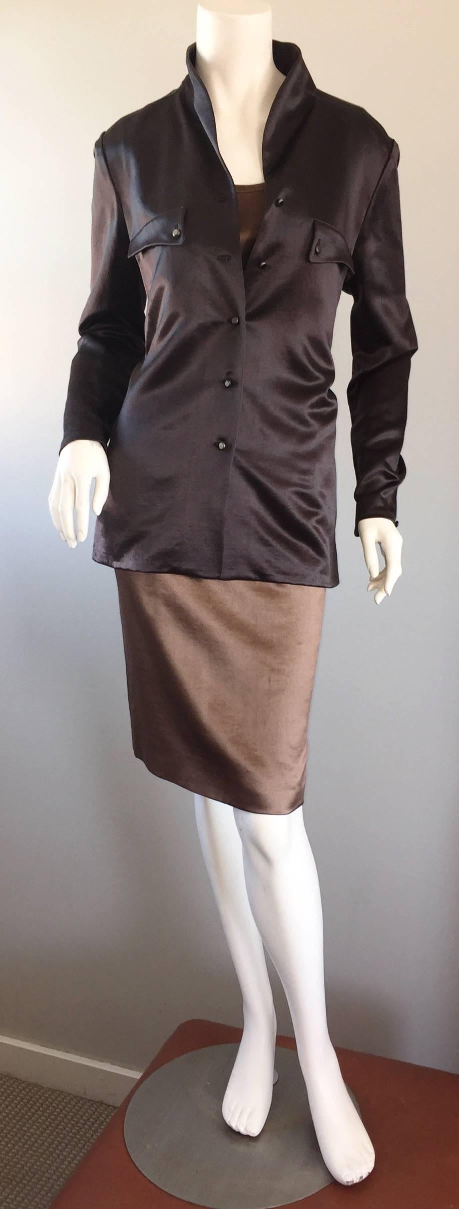 Geoffrey Beene Vintage 3 Piece Skirt + Blouse + Jacket Brown & Slate Gray Set In Excellent Condition In San Diego, CA