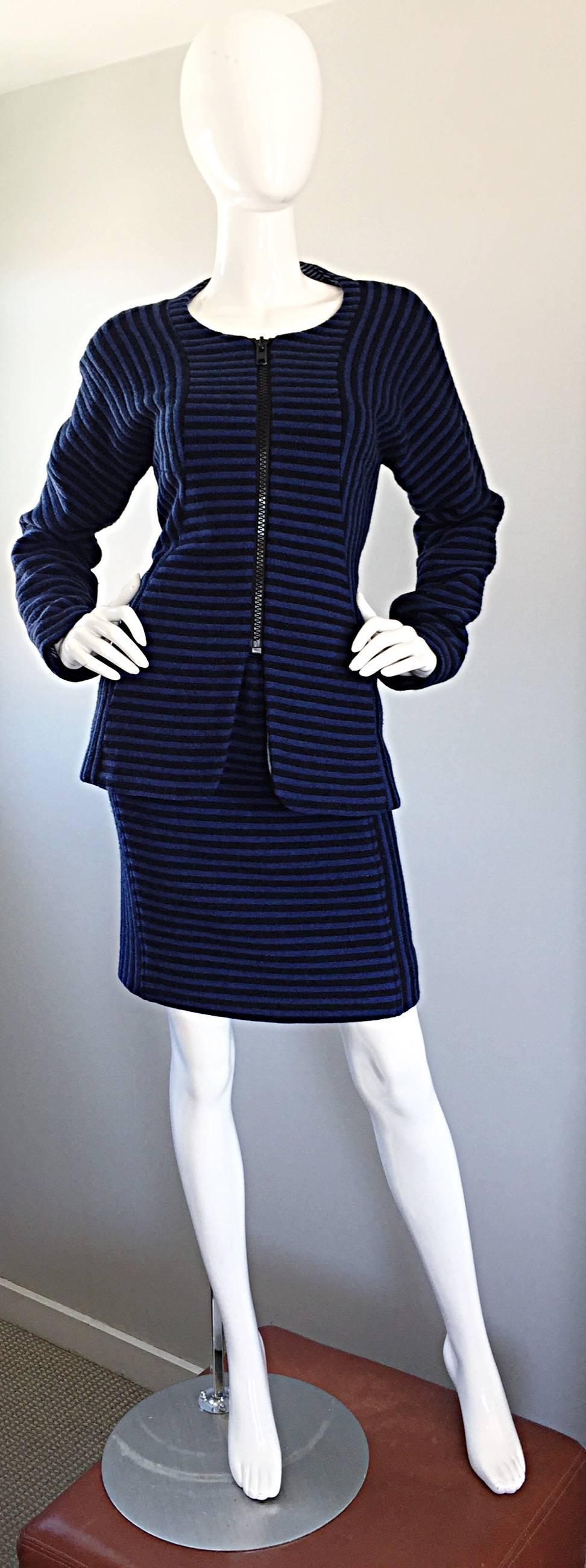 Women's Vintage Geoffrey Beene Blue + Black Striped Avant Garde Wool Skirt Suit 