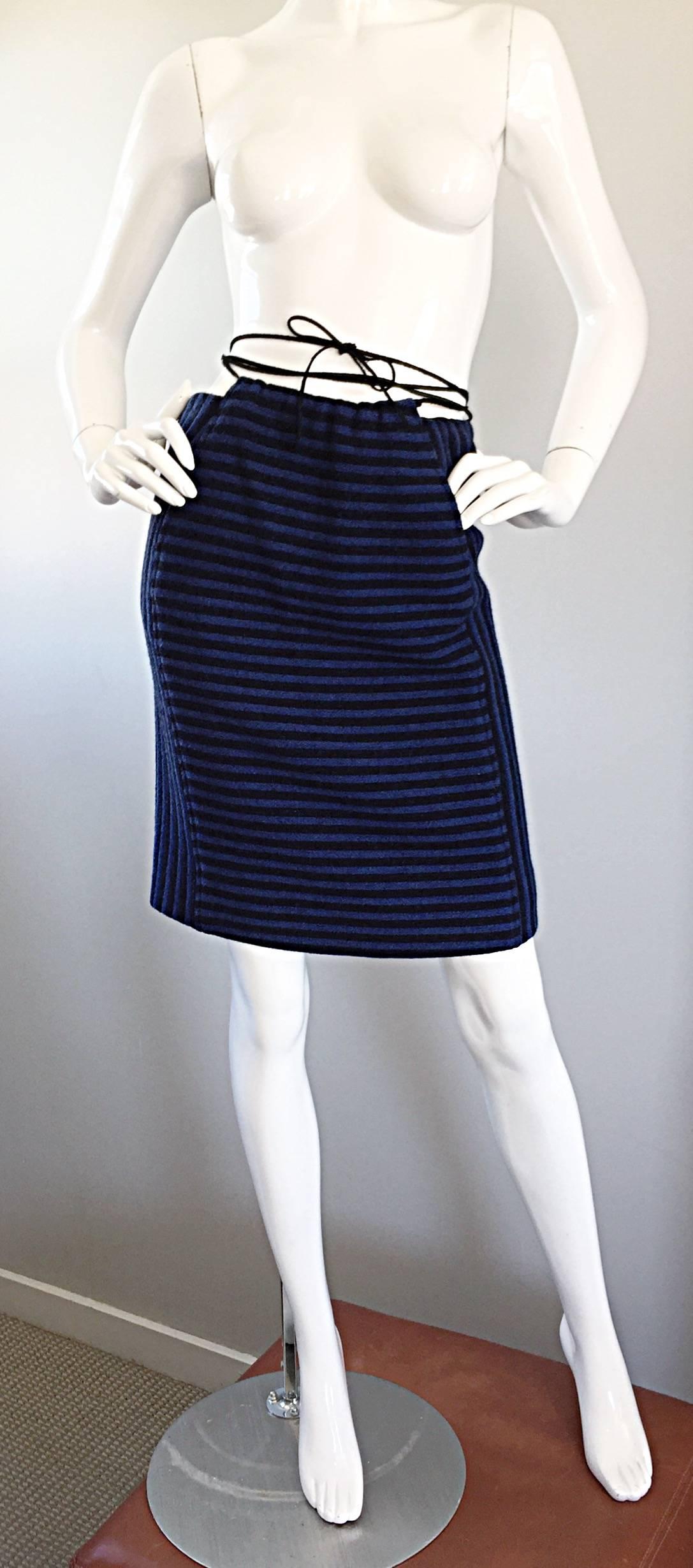 Vintage Geoffrey Beene Blue + Black Striped Avant Garde Wool Skirt Suit  In Excellent Condition In San Diego, CA