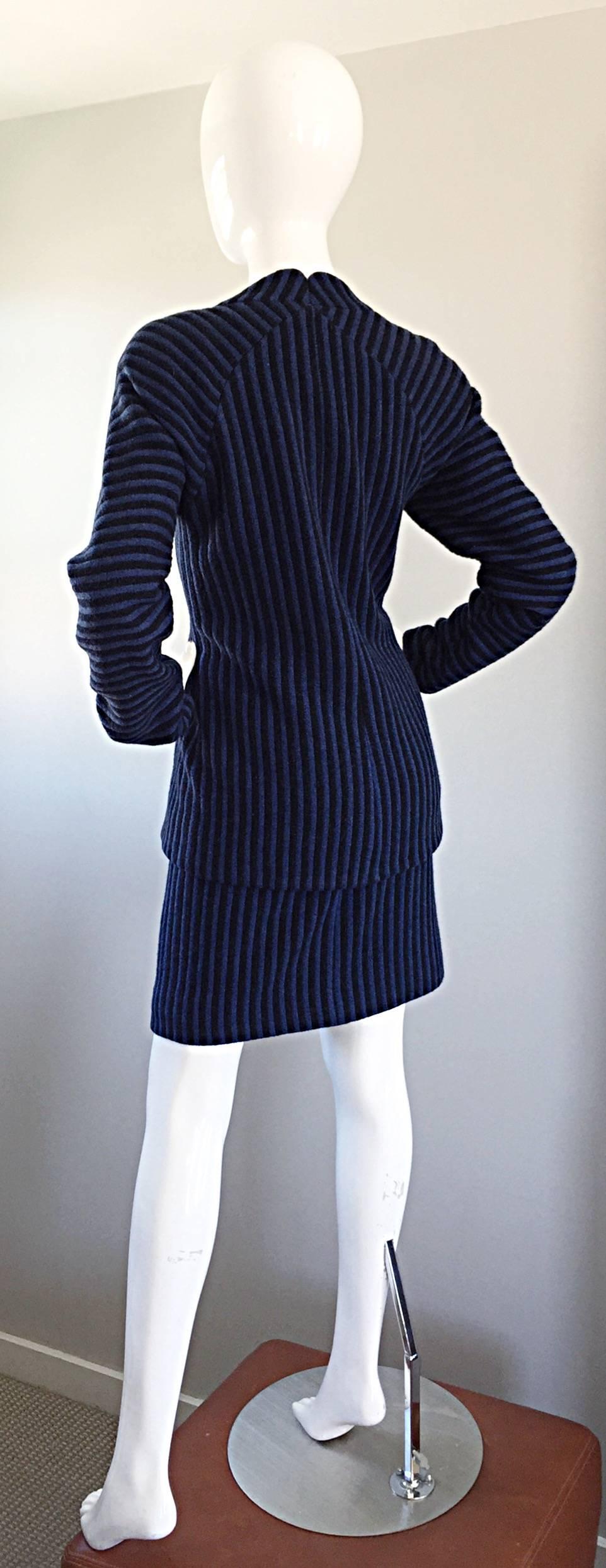 Vintage Geoffrey Beene Blue + Black Striped Avant Garde Wool Skirt Suit  2