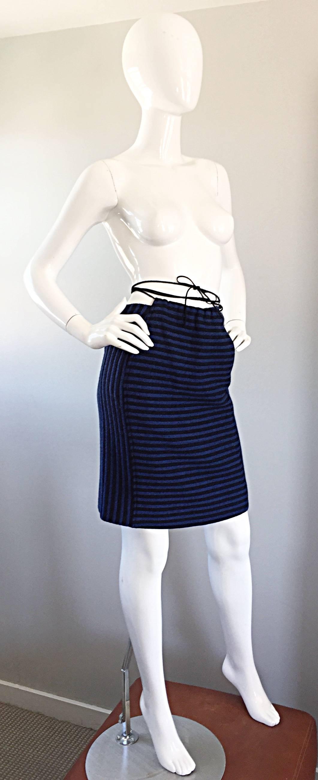 Vintage Geoffrey Beene Blue + Black Striped Avant Garde Wool Skirt Suit  4