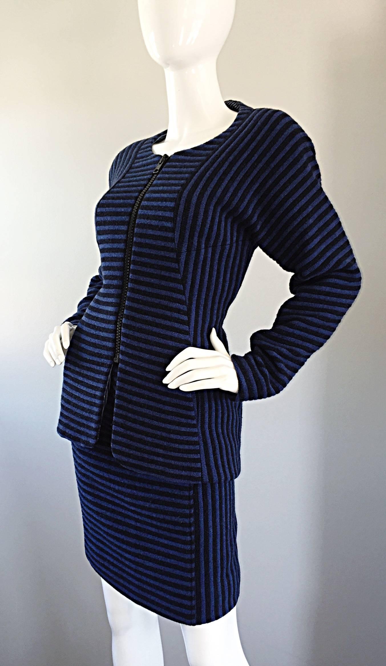 Vintage Geoffrey Beene Blue + Black Striped Avant Garde Wool Skirt Suit  3