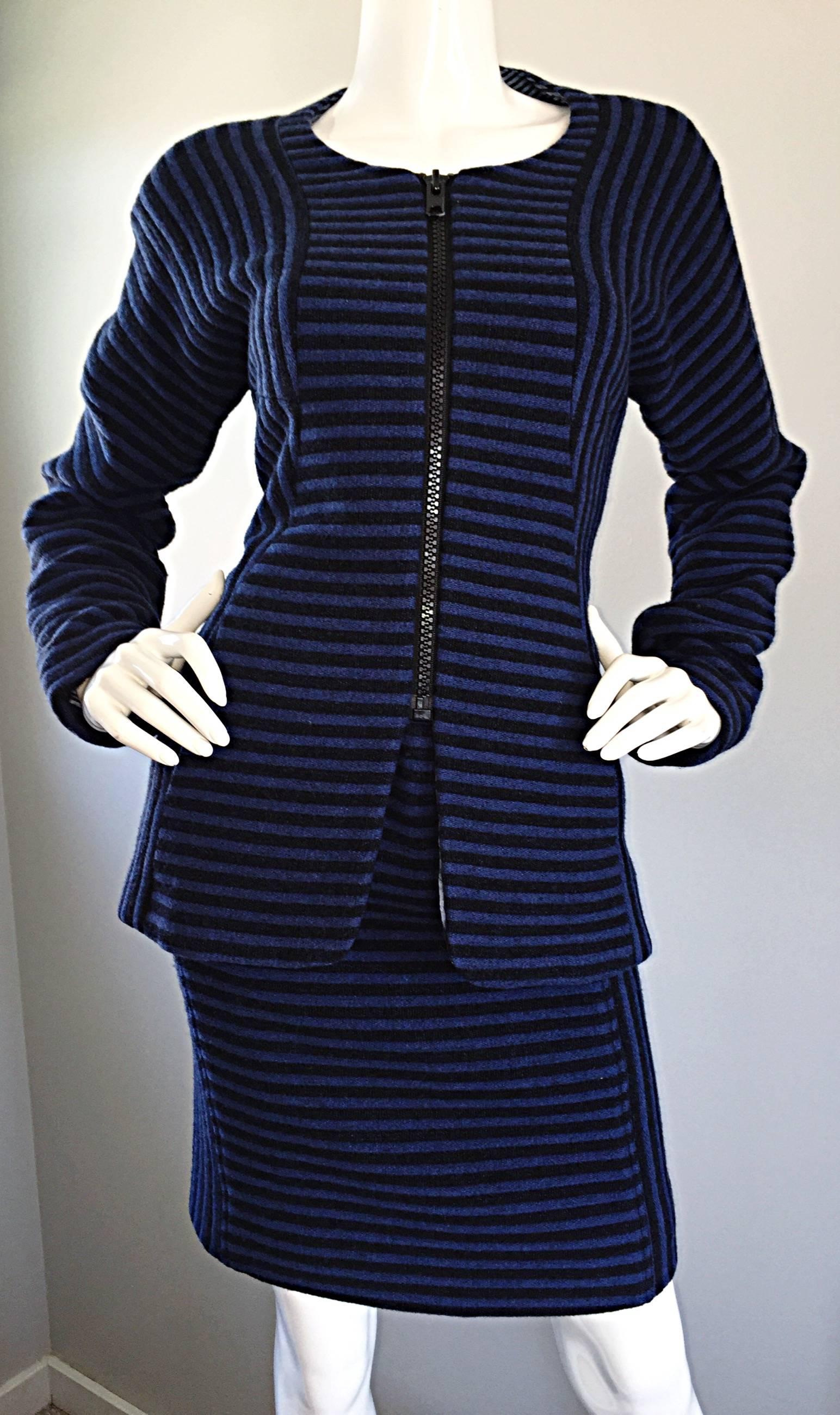 Vintage Geoffrey Beene Blue + Black Striped Avant Garde Wool Skirt Suit  5