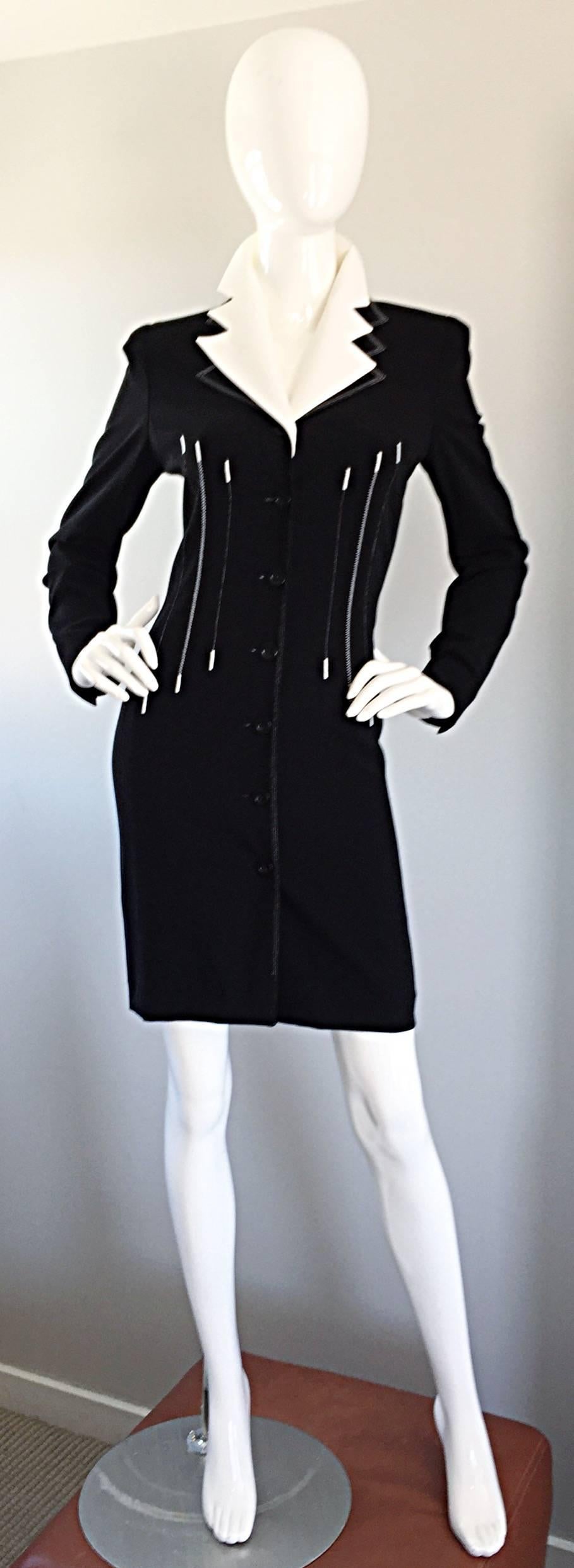 Exceptional vintage ESCADA by MARGARETHA LEY black and white 'piano key' dress or jacket, with removable collar! Black bodycon dress with white embroidery throughout. Avant Garde style with removable collar. Hugs the body in all the right places.