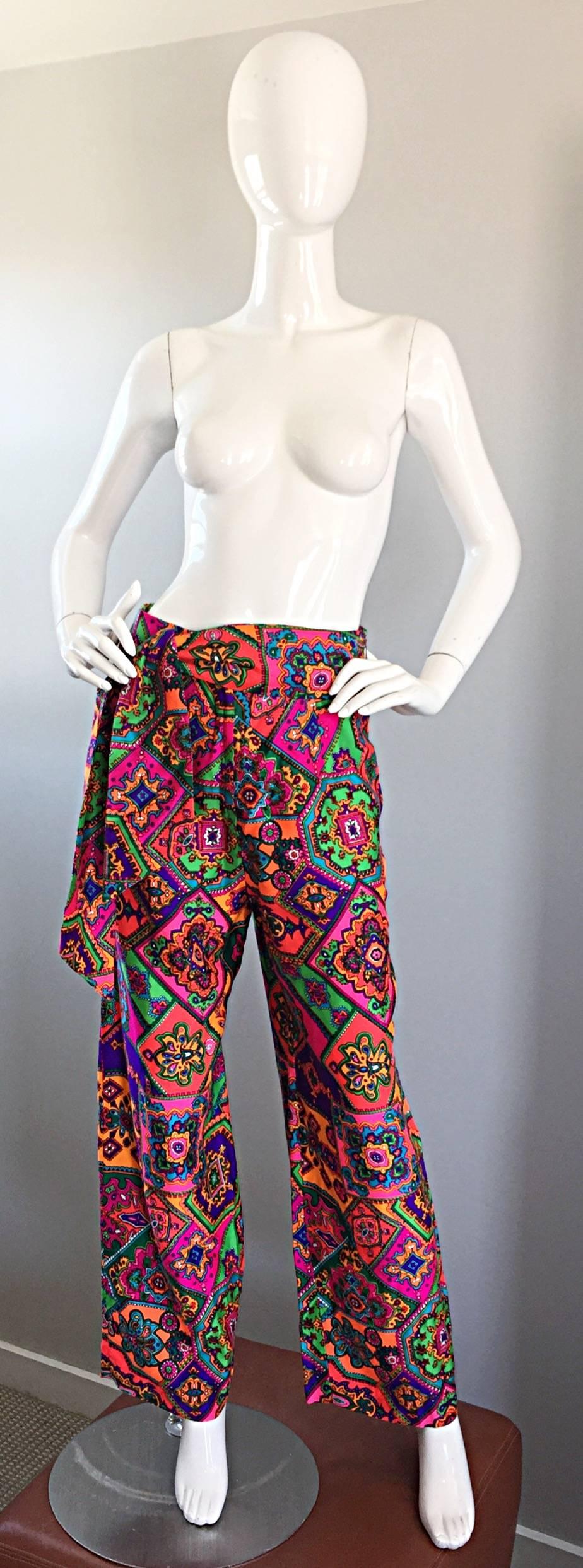 Incredible vintage 1970s ALEX COLEMAN wide leg palazzo trousers, with detachable sash belt! Chic fit, with an impressive colorful mosaic print. Features pretty much every color of the rainbow--pink, purple, blue, green, orange, blue, etc. Sash can