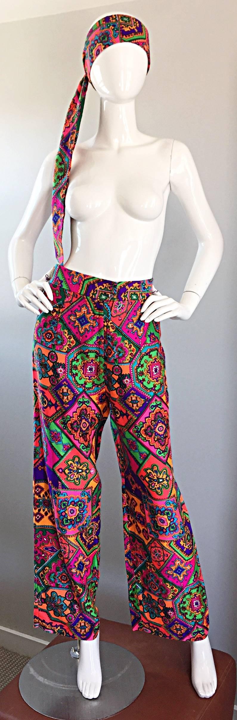 Black Amazing 1970s Alex Coleman Colorful Gegometric 70s Paisley Belted Wide Leg Pants For Sale