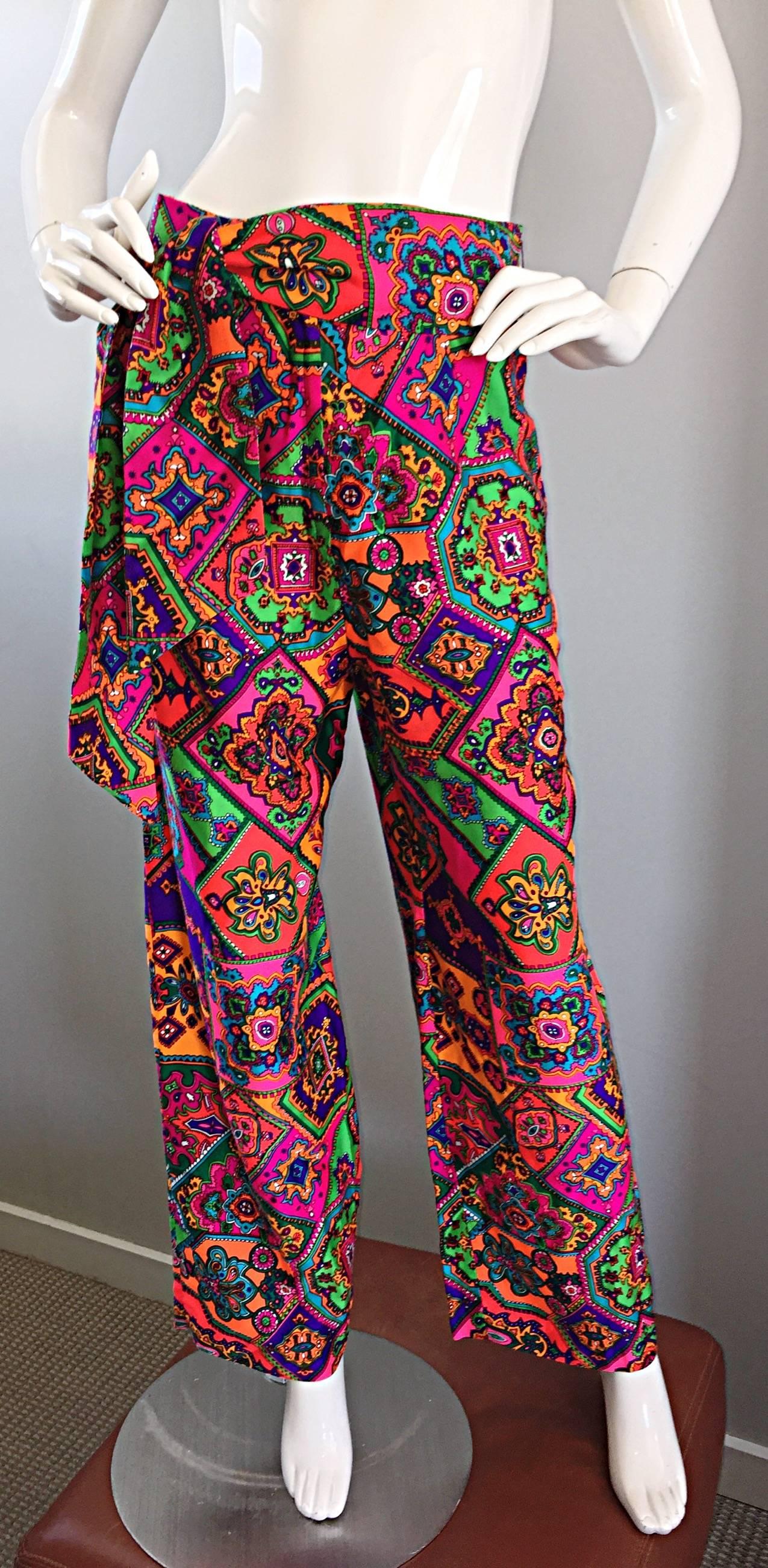 Noir Alex Coleman - Superbe pantalon large à ceinture à motif cachemire, géométrique et coloré, années 1970 en vente