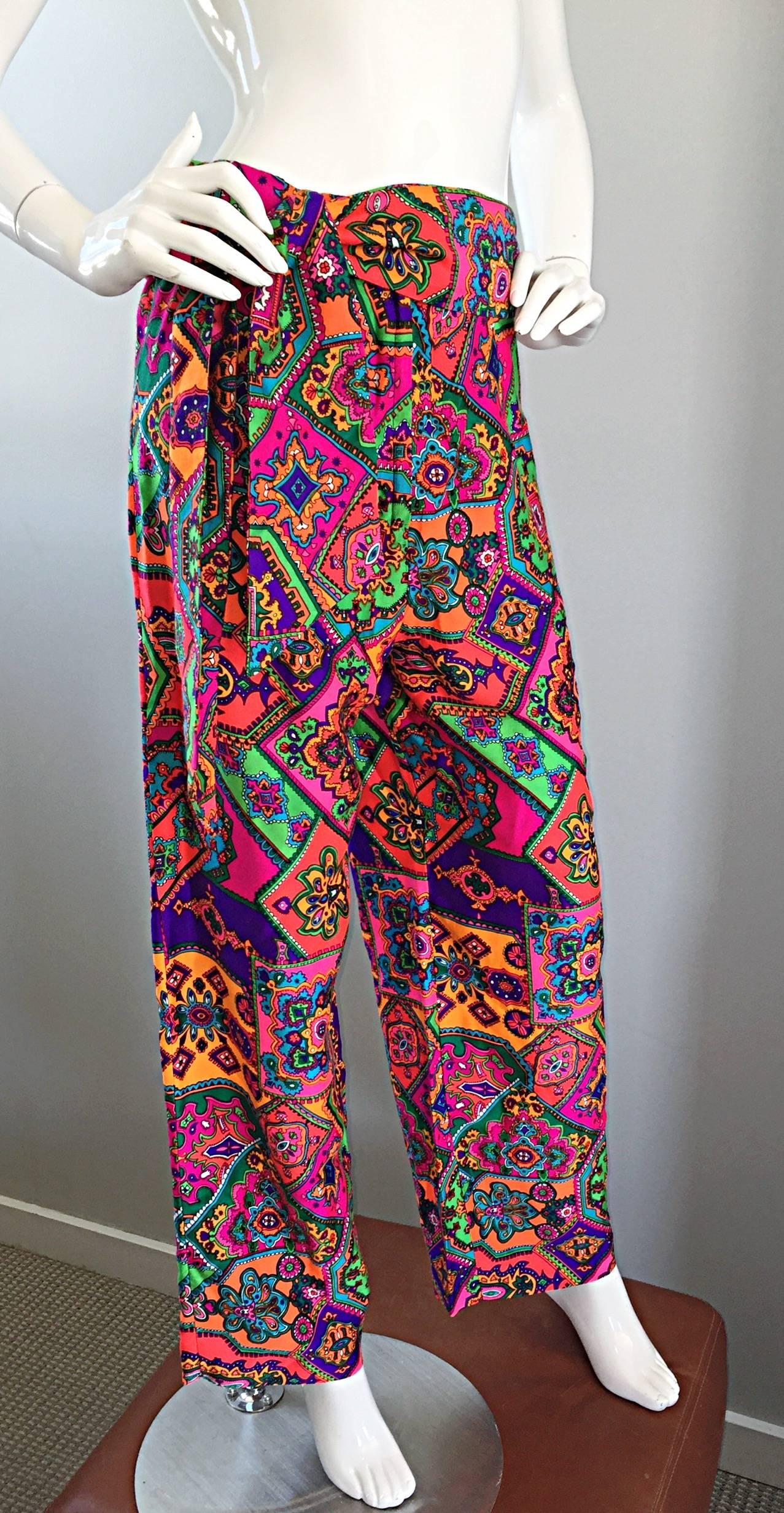 Alex Coleman - Superbe pantalon large à ceinture à motif cachemire, géométrique et coloré, années 1970 Excellent état - En vente à San Diego, CA