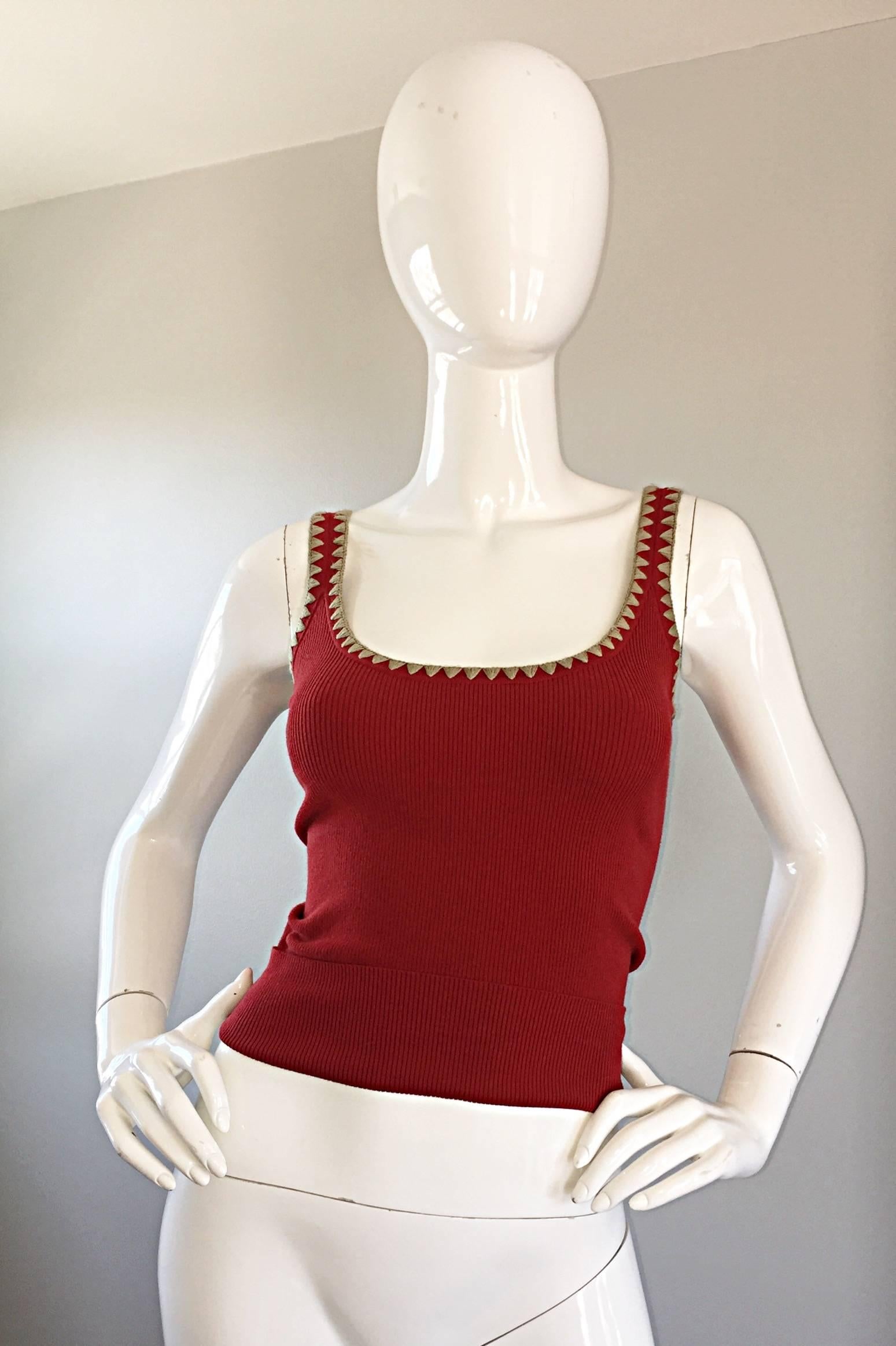 Sexy vintage MICHAEL KORS COLLECTION 90s cotton cropped top! Features tan embroidered 'Aztec' thread around the bust and arms on the front and back. Cuffed hem adds just the right amount of detail. This is from his high level Runway Collection. Easy