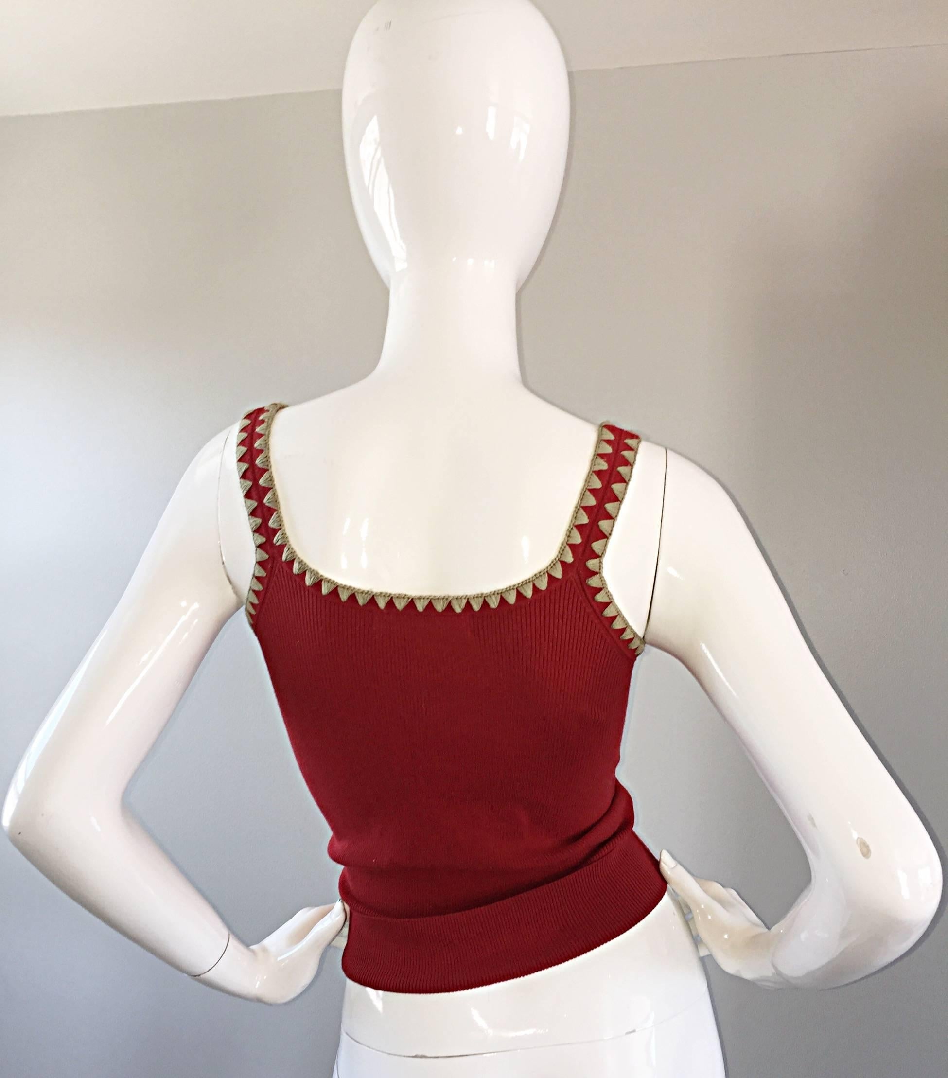 Michael Kors Collection Brick Red + Tan 1990s 90s Ribbed Crop Top In Excellent Condition In San Diego, CA