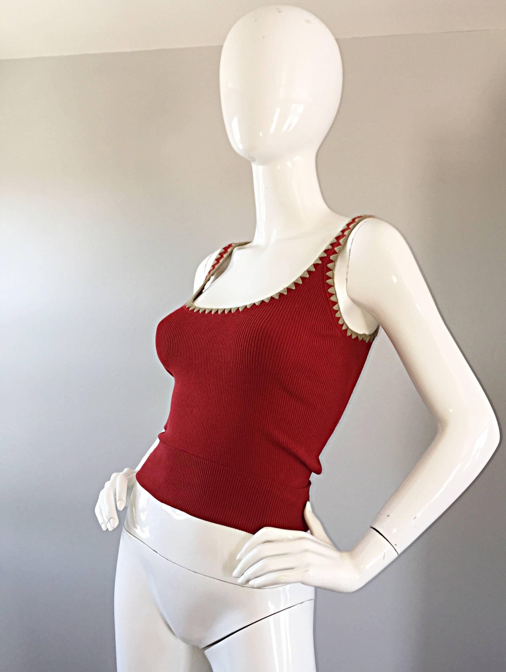 Michael Kors Collection Brick Red + Tan 1990s 90s Ribbed Crop Top 1