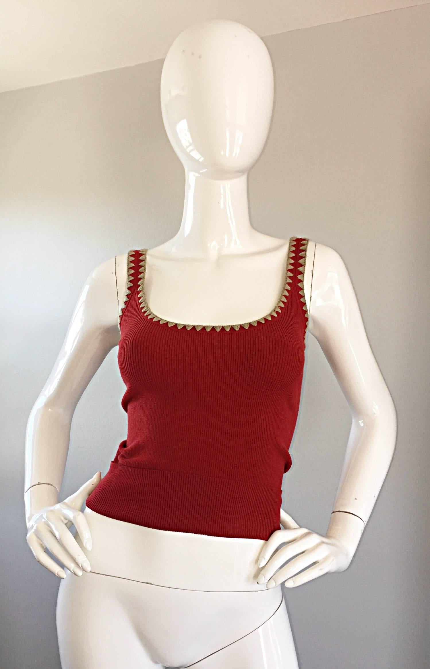 Michael Kors Collection Brick Red + Tan 1990s 90s Ribbed Crop Top 5