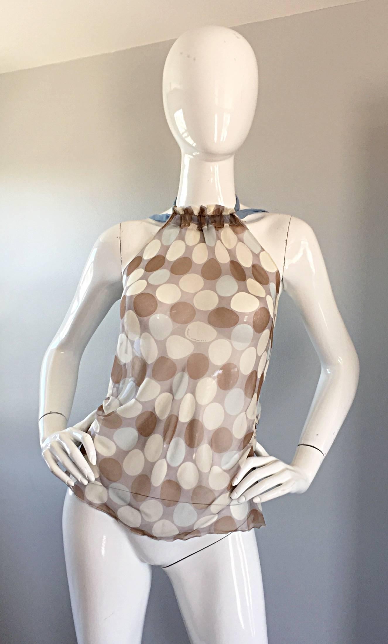 Sexy vintage 1990s ALBERTA FERRETTI silk chiffon polka dot semi sheer halter blouse! Features light blue, brown, and ivory polka dots throughout, with 