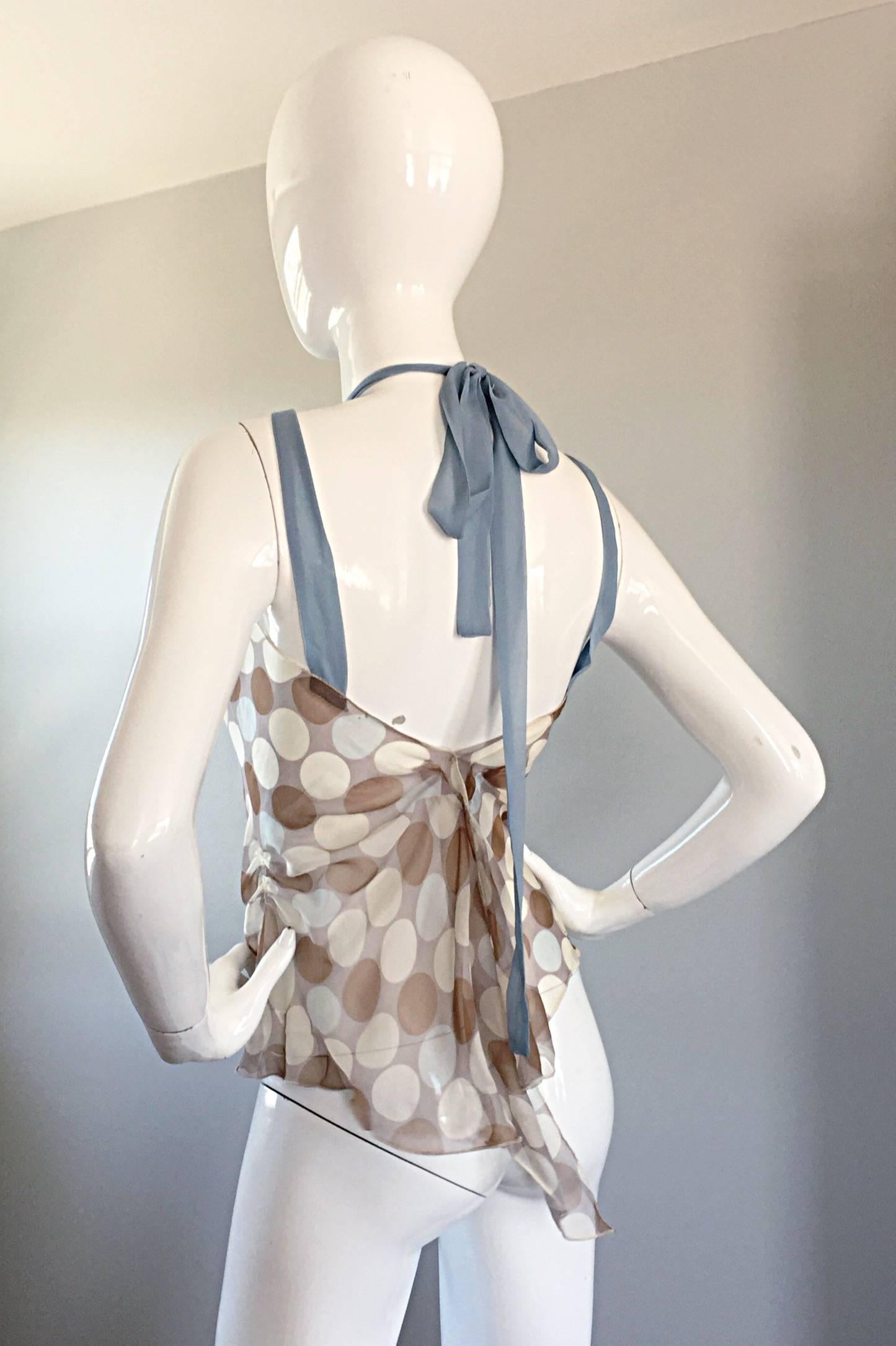 Marron Alberta Ferretti - Haut dos nu asymétrique vintage sexy en soie semi-transparente à pois en vente