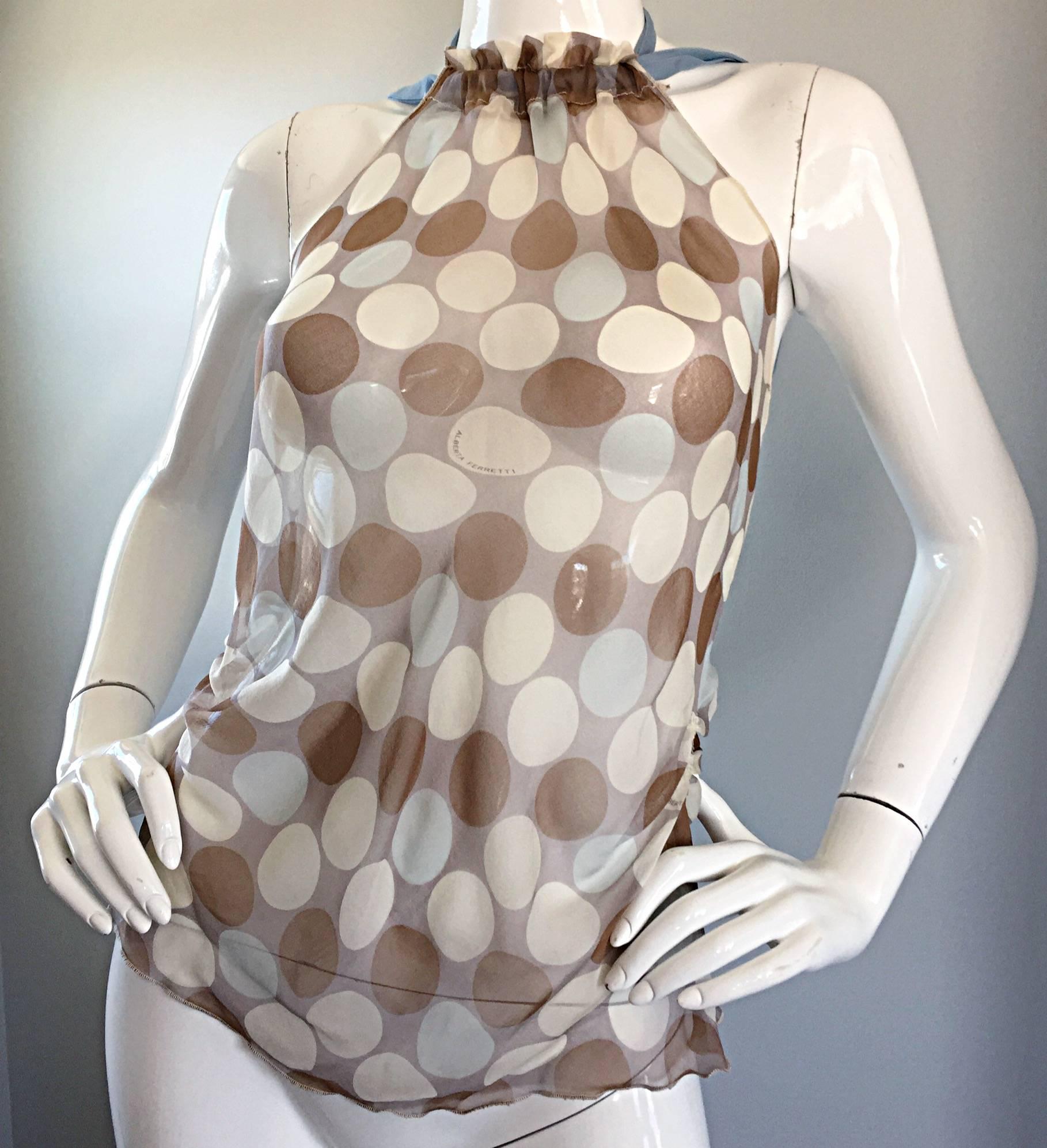 Women's Vintage Alberta Ferretti Semi Sheer Polka Dot Sexy Silk Asymmetrical Halter Top For Sale