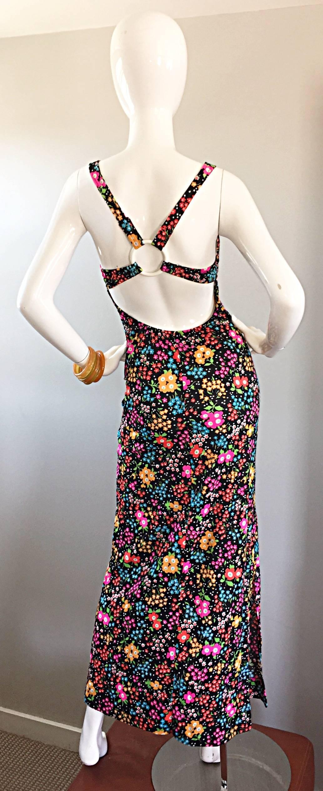 Black Superb 1970s Jack Hartley Sexy Cut Out Vintage Colorful Flower Print Maxi Dress