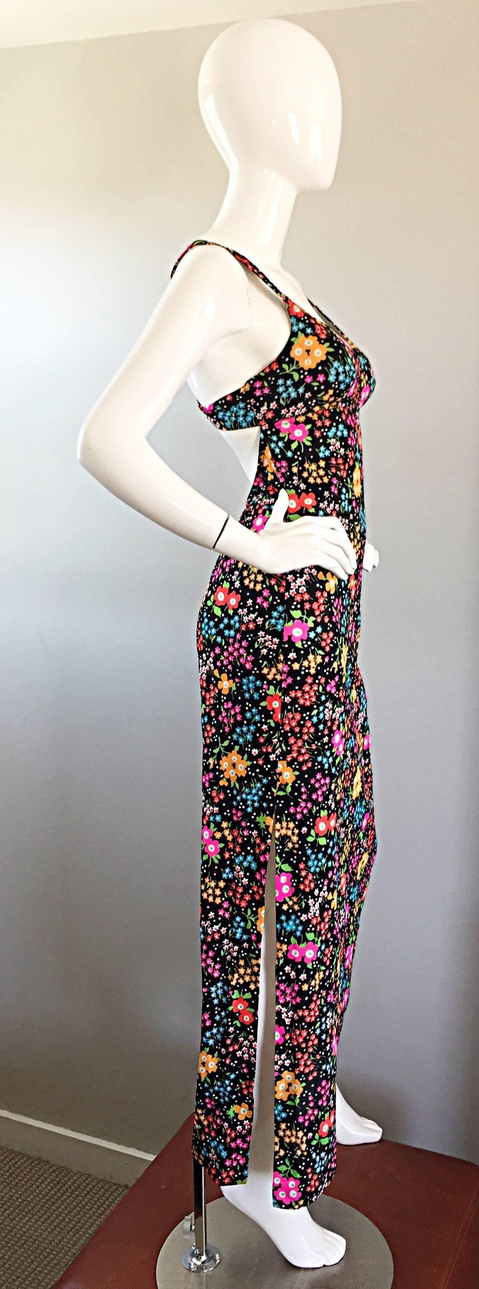 Superb 1970s Jack Hartley Sexy Cut Out Vintage Colorful Flower Print Maxi Dress In Excellent Condition In San Diego, CA