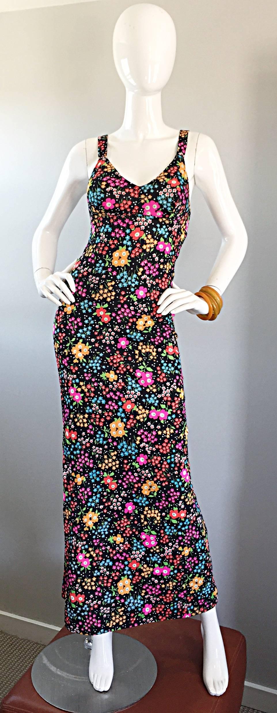 Superb 1970s Jack Hartley Sexy Cut Out Vintage Colorful Flower Print Maxi Dress 4