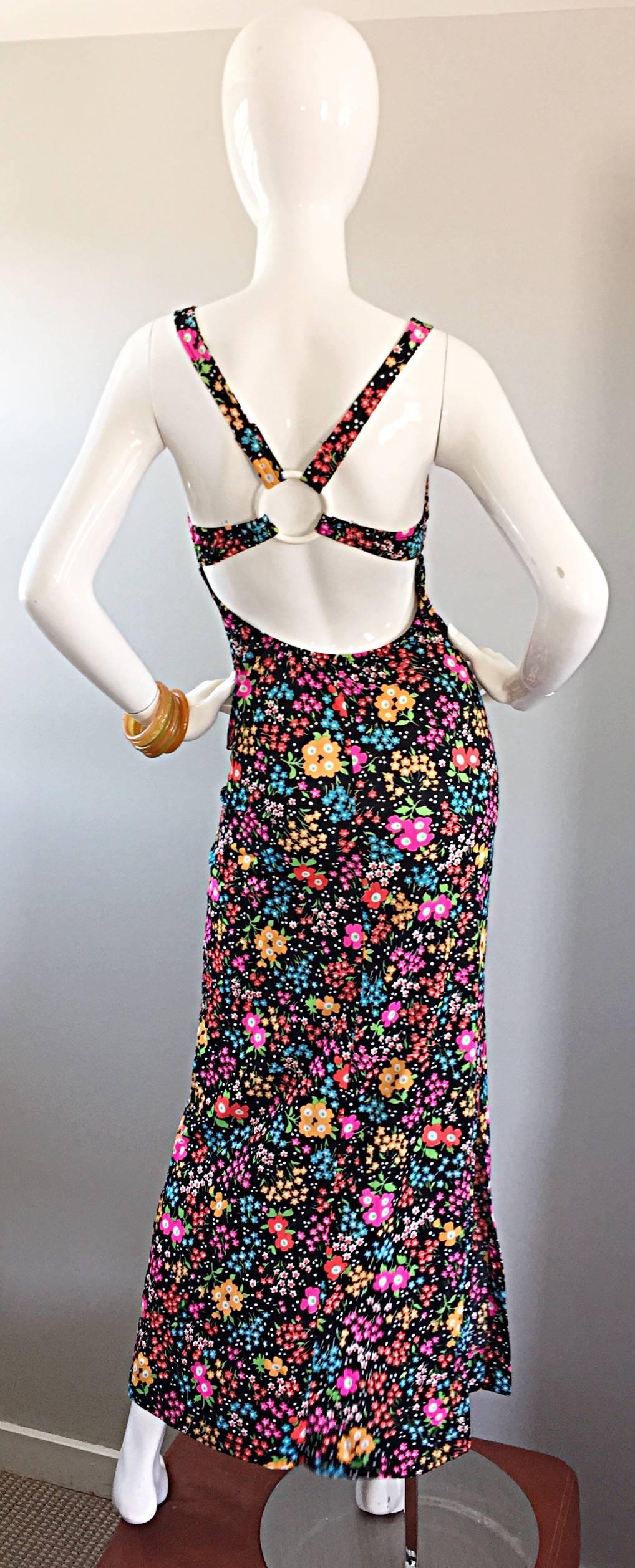 Superb 1970s Jack Hartley Sexy Cut Out Vintage Colorful Flower Print Maxi Dress 5