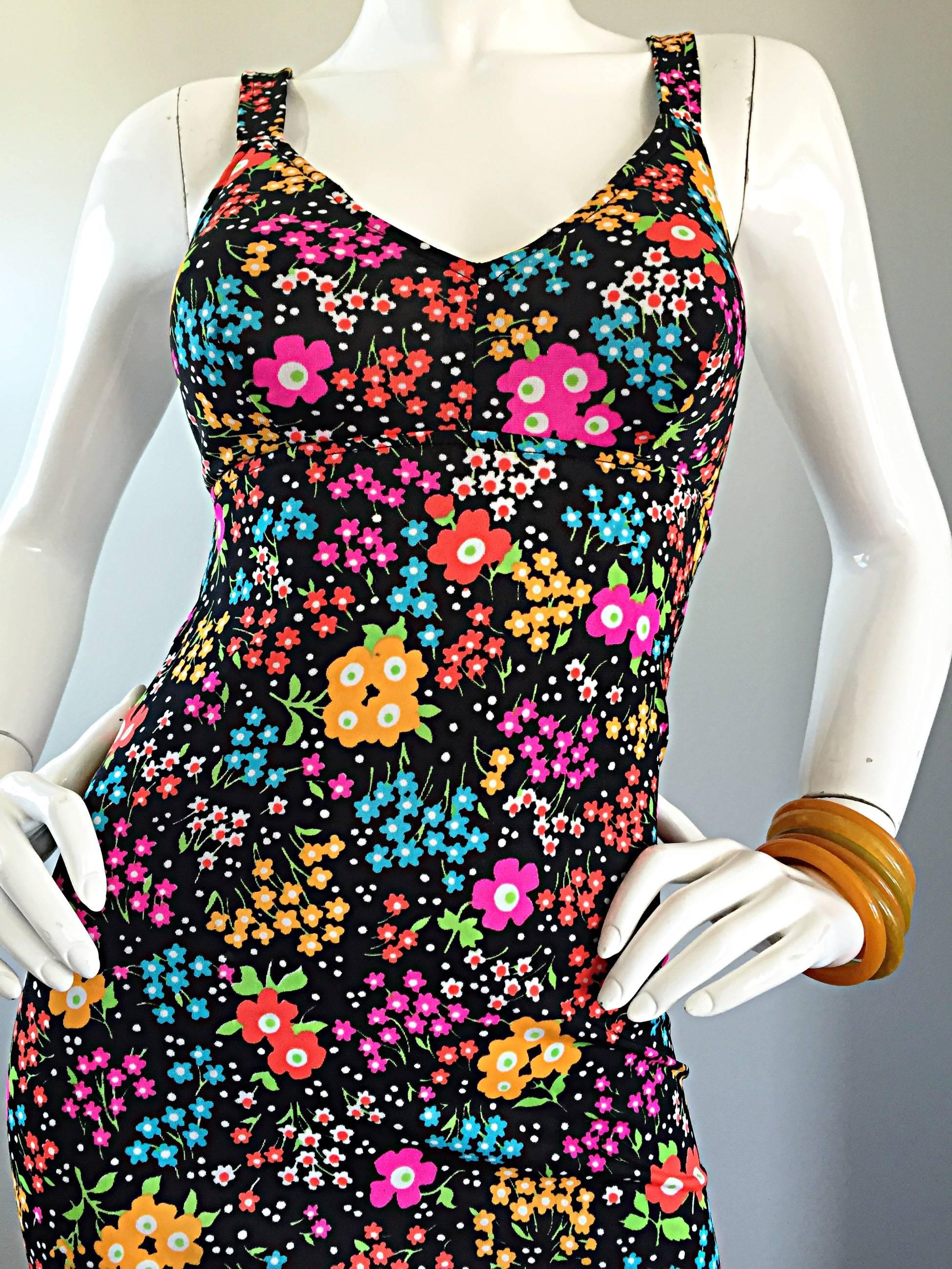 Superb 1970s Jack Hartley Sexy Cut Out Vintage Colorful Flower Print Maxi Dress 1