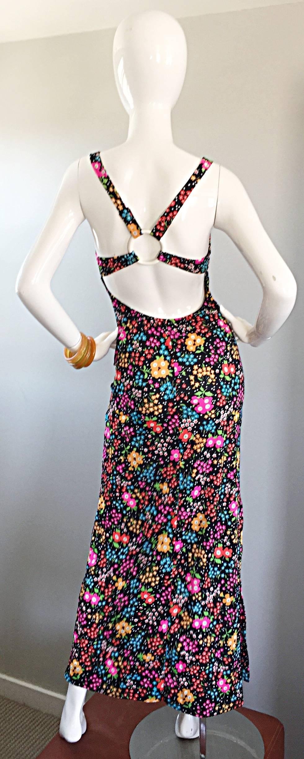 Superb 1970s Jack Hartley Sexy Cut Out Vintage Colorful Flower Print Maxi Dress 2