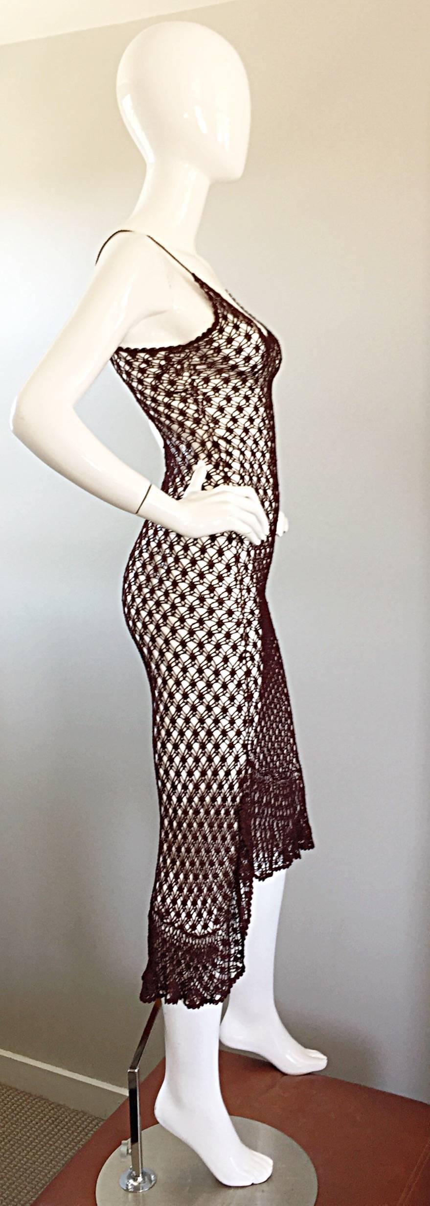 Black 1970s Vintage Brown Hand Crochet Chocolate Silk Rayon 70s Boho Semi Sheer Dress