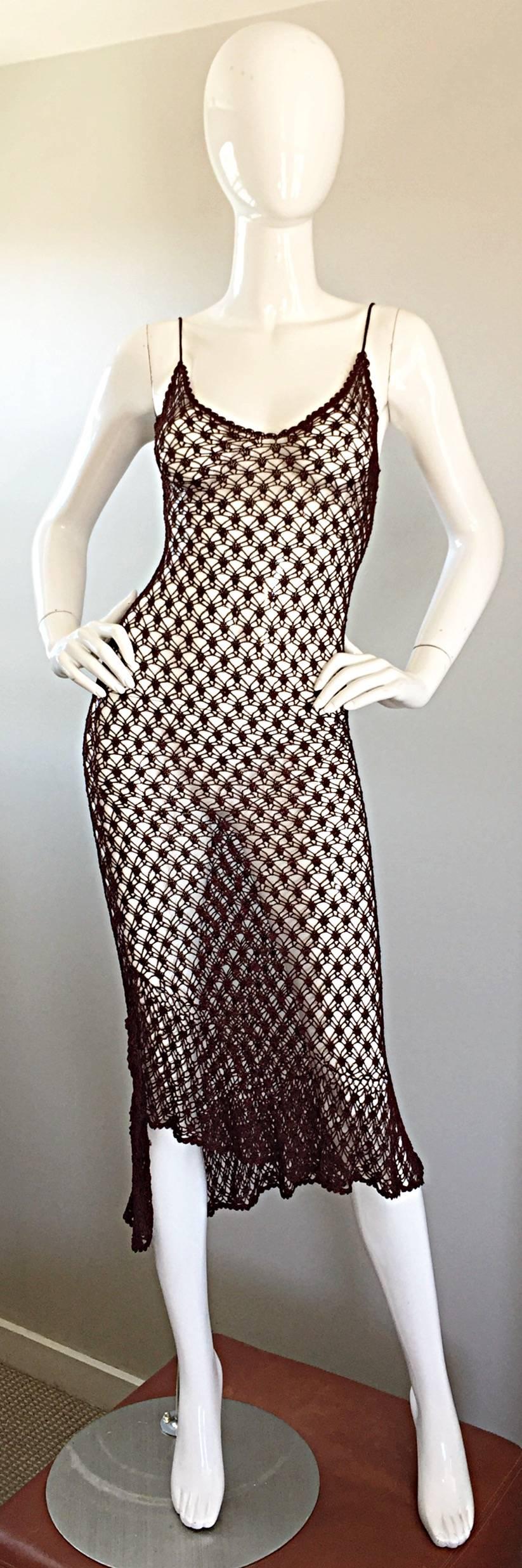 1970s Vintage Brown Hand Crochet Chocolate Silk Rayon 70s Boho Semi Sheer Dress 1