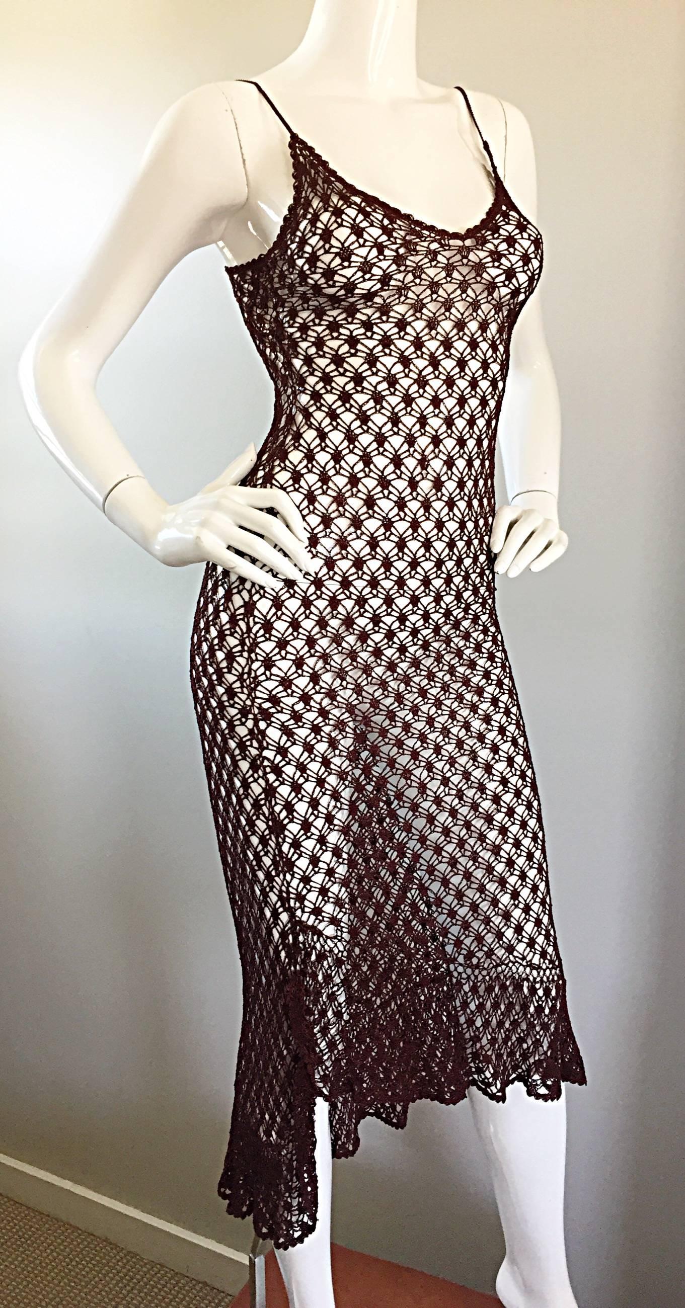 1970s Vintage Brown Hand Crochet Chocolate Silk Rayon 70s Boho Semi Sheer Dress In Excellent Condition In San Diego, CA