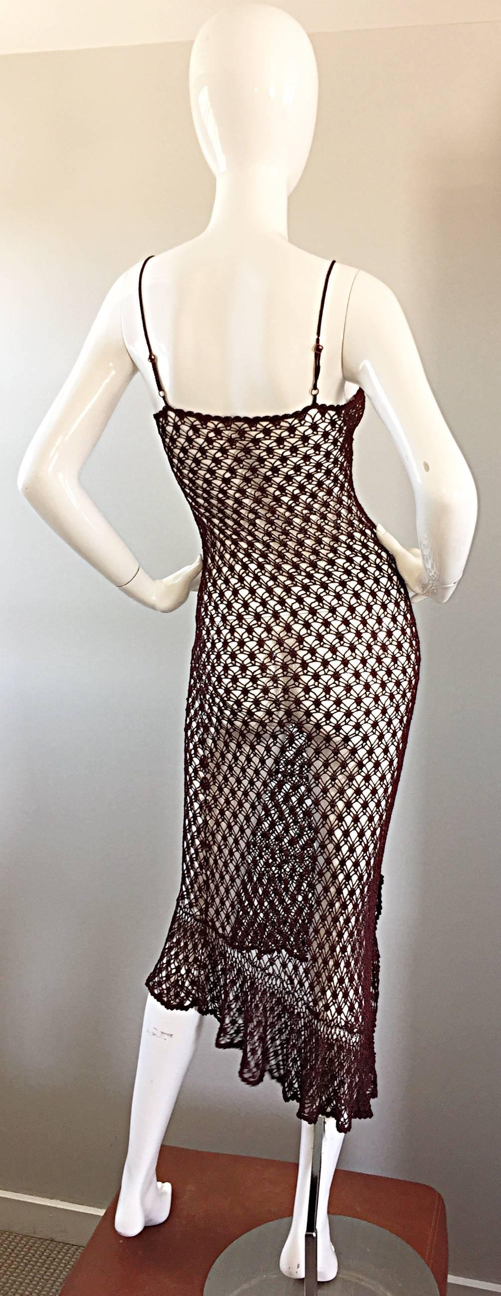 Women's 1970s Vintage Brown Hand Crochet Chocolate Silk Rayon 70s Boho Semi Sheer Dress